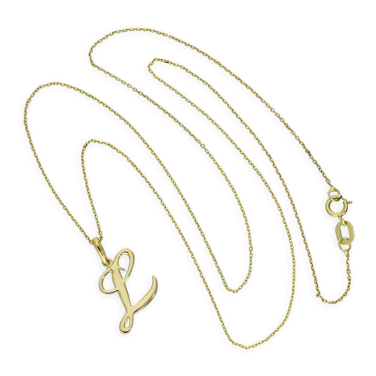 Halskette mit Anhänger aus 9 Karat Gold mit verschnörkelter Kalligraphie-Schrift und Buchstabe L, 40–50 cm