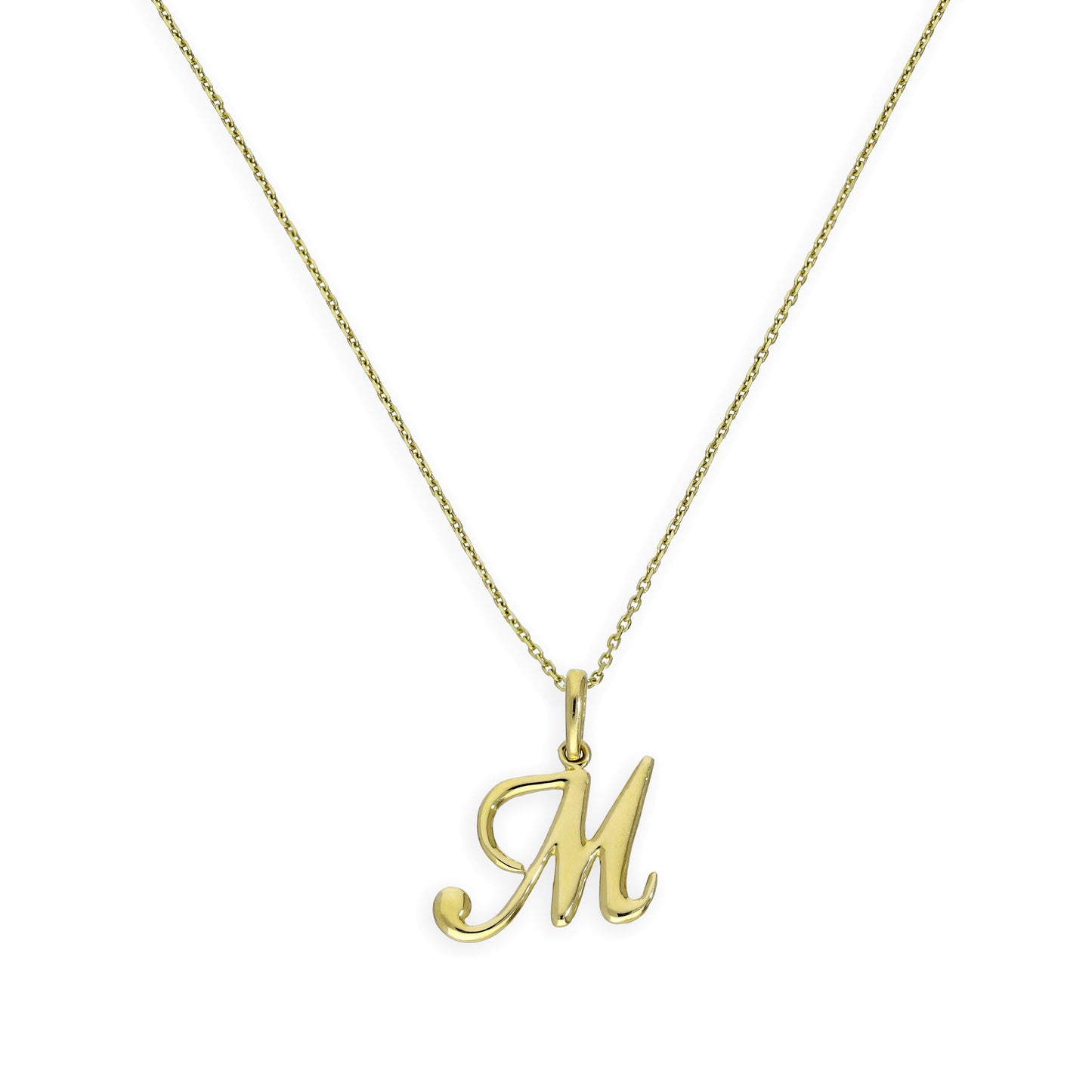 Halskette mit Anhänger aus 9 Karat Gold mit verschnörkelter Kalligraphie-Schrift und Buchstabe M, 40–50 cm