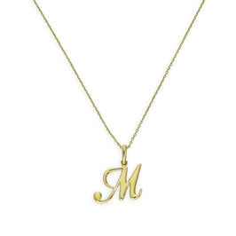 Halskette mit Anhänger aus 9 Karat Gold mit verschnörkelter Kalligraphie-Schrift und Buchstabe M, 40–50 cm