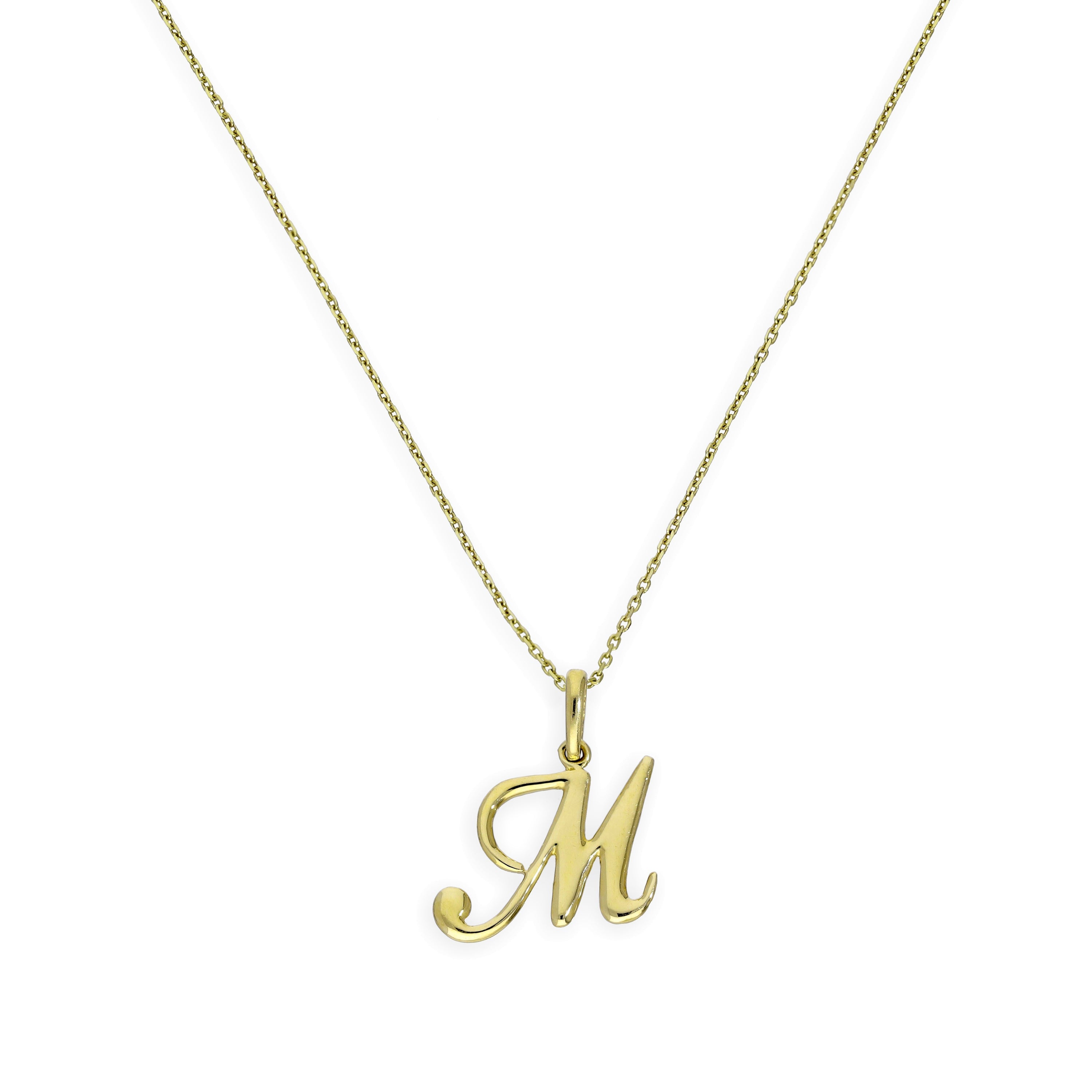 Halskette mit Anhänger aus 9 Karat Gold mit verschnörkelter Kalligraphie-Schrift und Buchstabe M, 40–50 cm