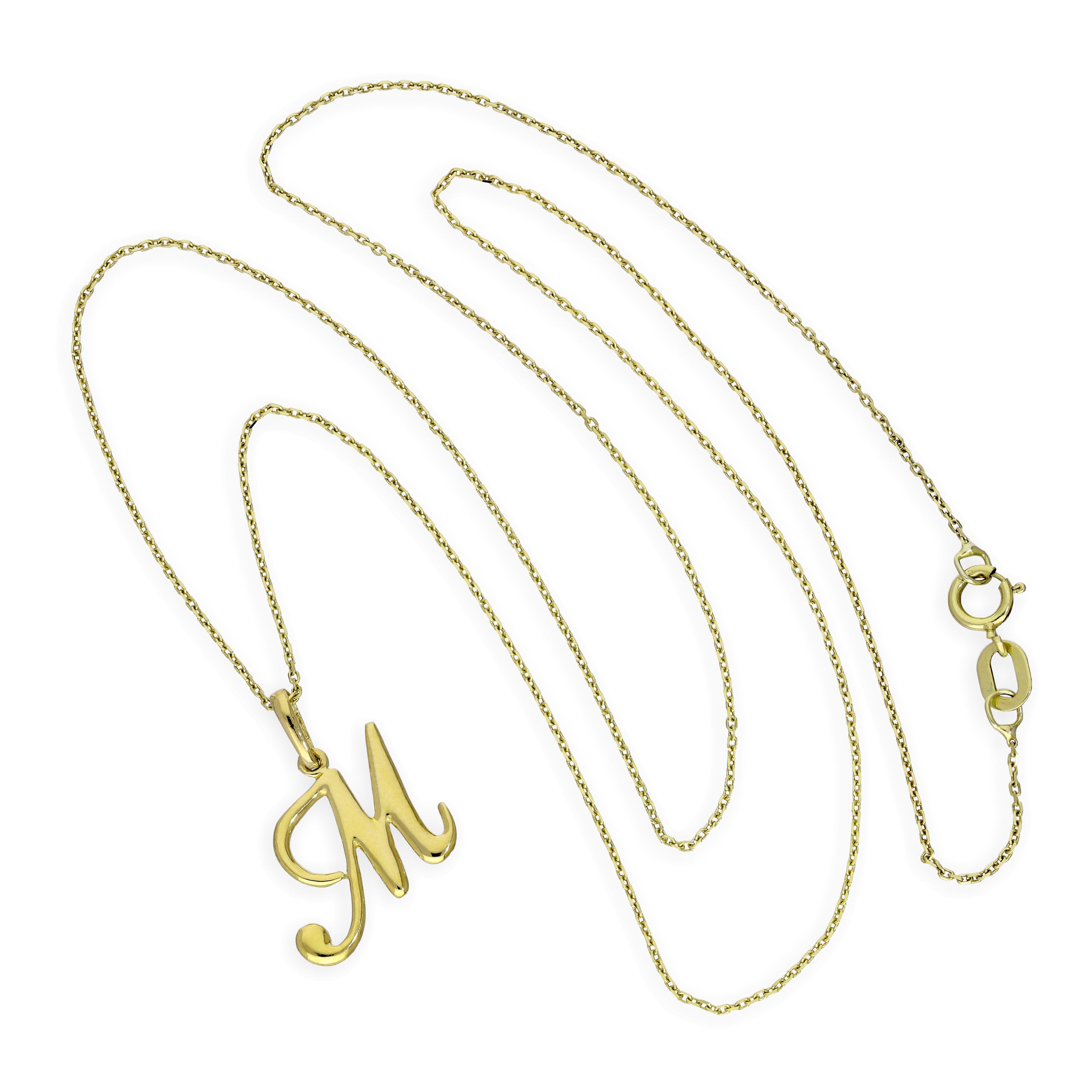 Halskette mit Anhänger aus 9 Karat Gold mit verschnörkelter Kalligraphie-Schrift und Buchstabe M, 40–50 cm