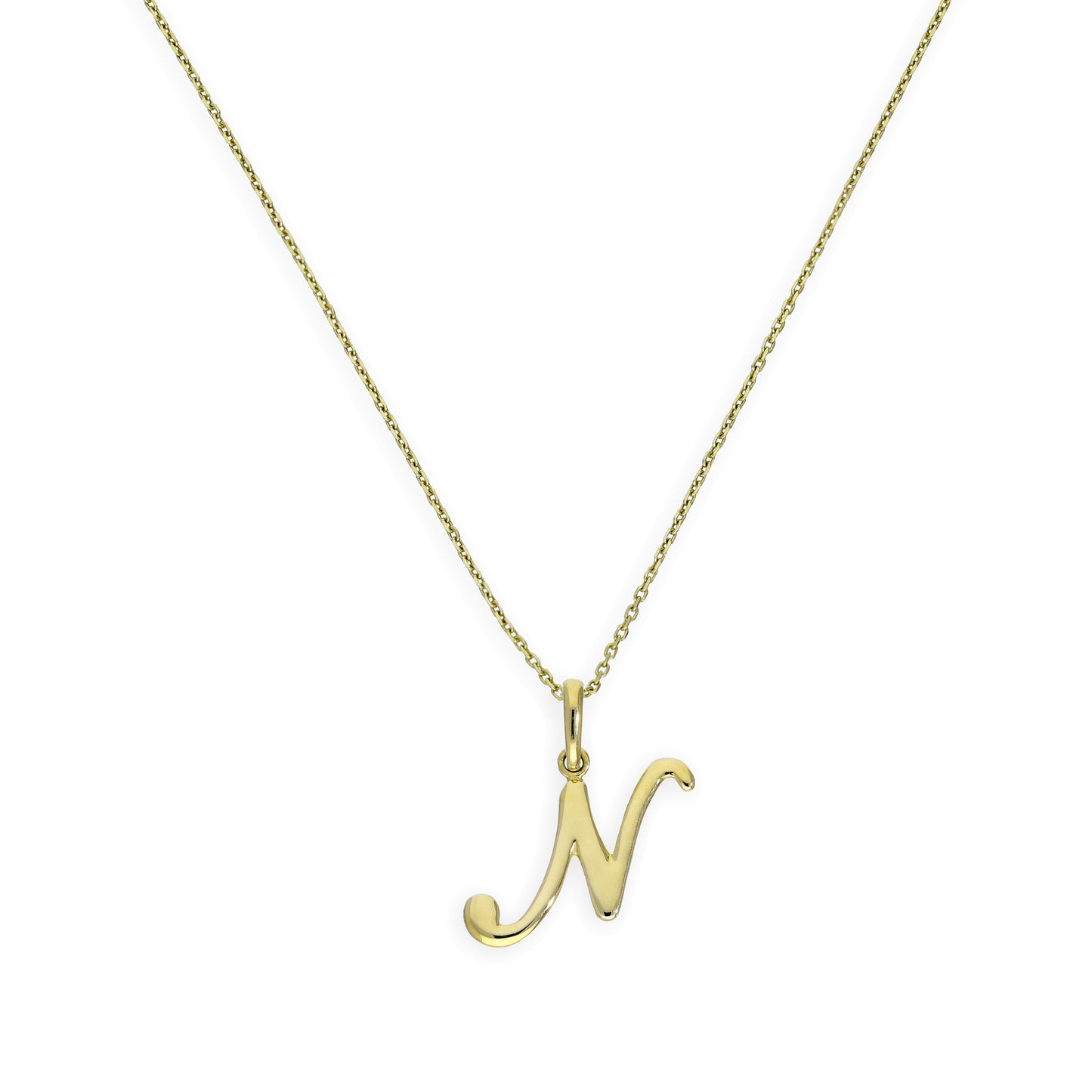 Halskette mit Anhänger aus 9 Karat Gold mit verschnörkelter Kalligraphie-Schrift und Buchstabe N, 16–20 Zoll