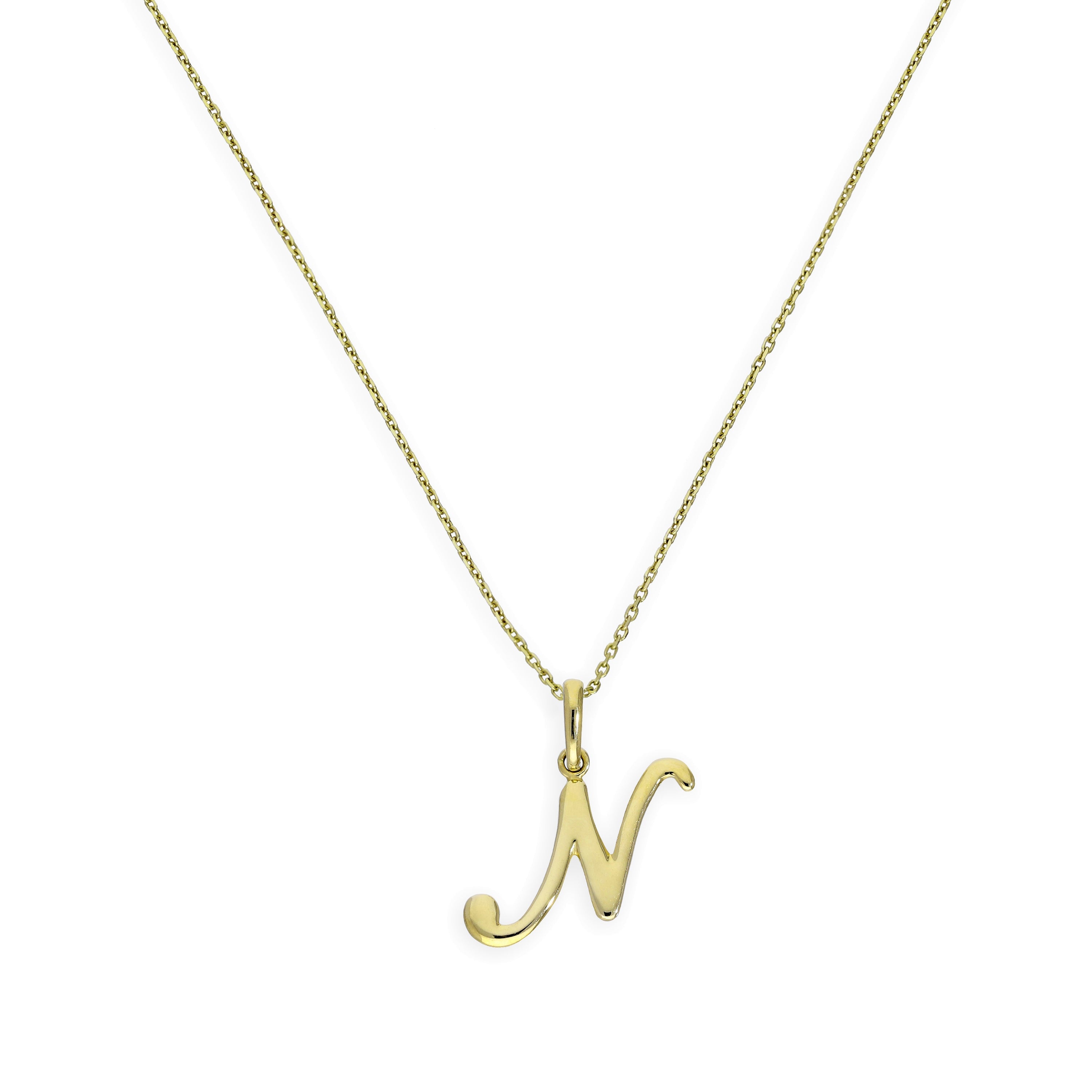 Halskette mit Anhänger aus 9 Karat Gold mit verschnörkelter Kalligraphie-Schrift und Buchstabe N, 16–20 Zoll