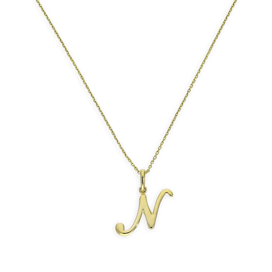 Halskette mit Anhänger aus 9 Karat Gold mit verschnörkelter Kalligraphie-Schrift und Buchstabe N, 16–20 Zoll