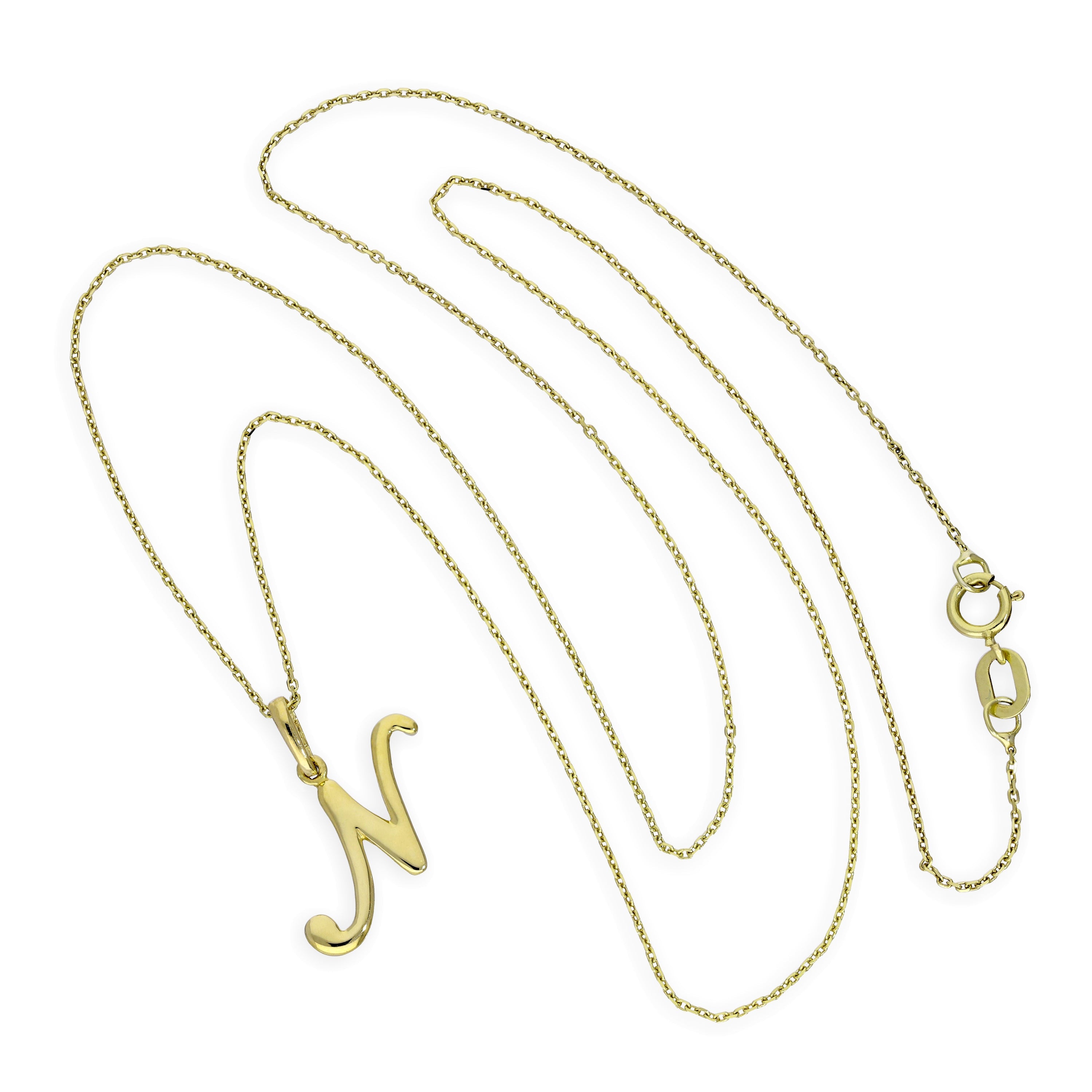 Halskette mit Anhänger aus 9 Karat Gold mit verschnörkelter Kalligraphie-Schrift und Buchstabe N, 16–20 Zoll