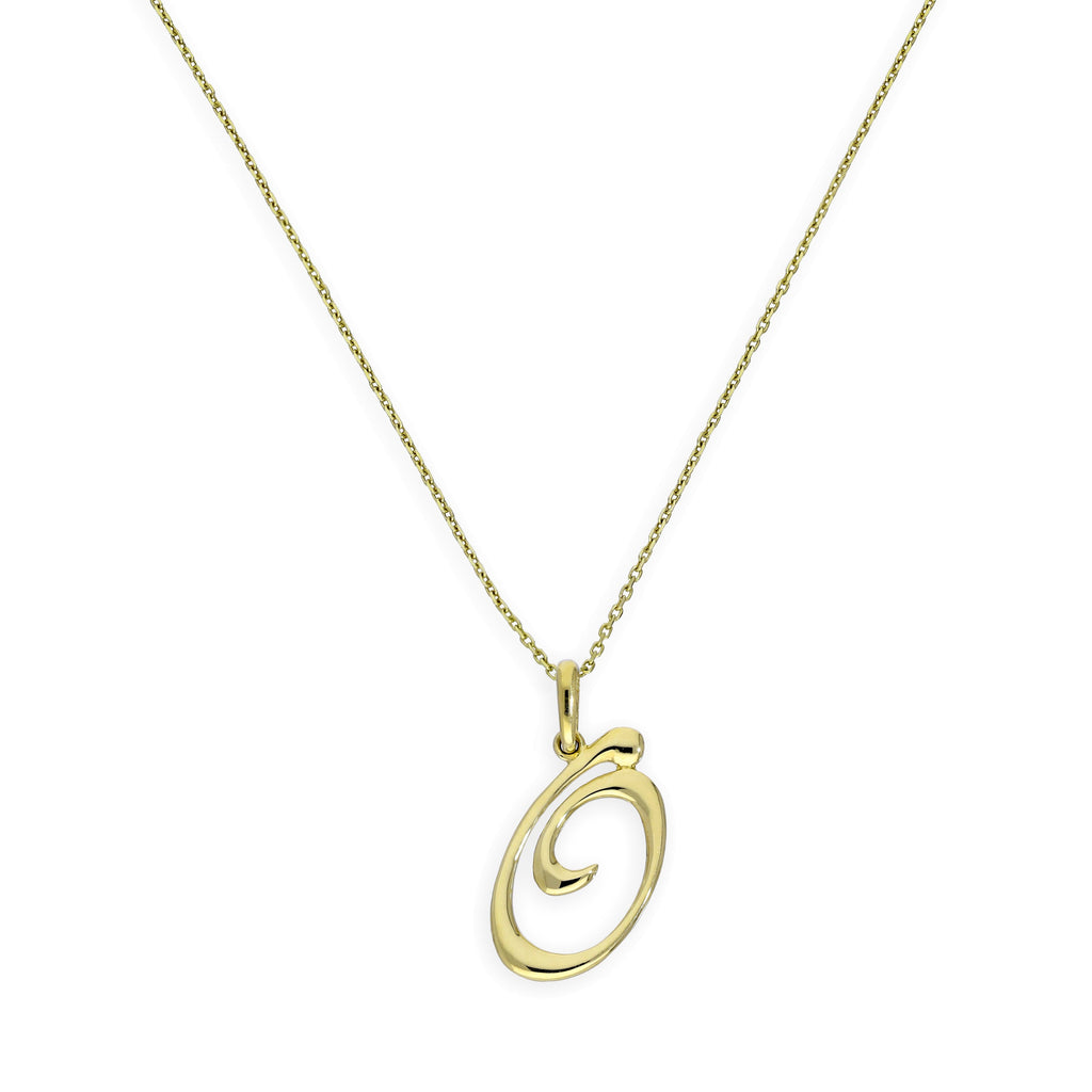Halskette mit Anhänger aus 9 Karat Gold mit verschnörkelter Kalligraphie-Schrift und Buchstabe O, 16–20 Zoll