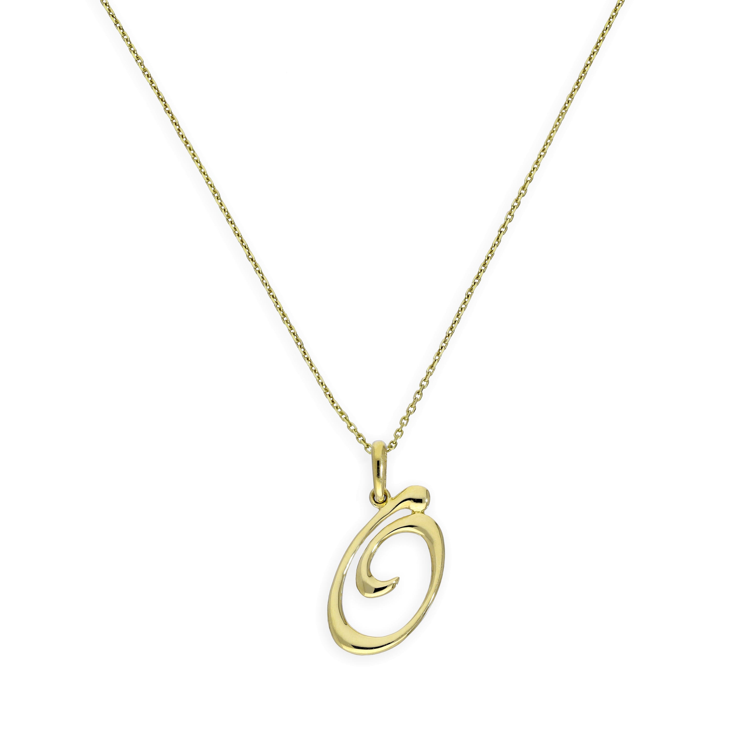 Halskette mit Anhänger aus 9 Karat Gold mit verschnörkelter Kalligraphie-Schrift und Buchstabe O, 16–20 Zoll