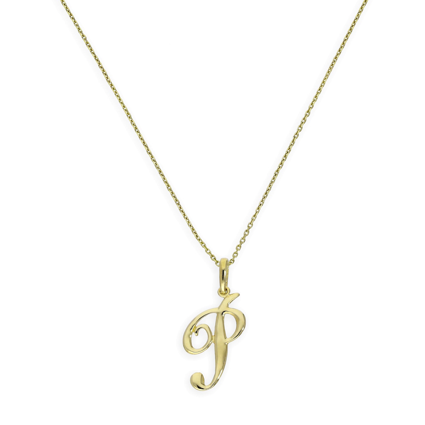 Halskette mit Anhänger aus 9 Karat Gold mit verschnörkelter Kalligraphie-Schrift und Buchstabe P, 16–20 Zoll