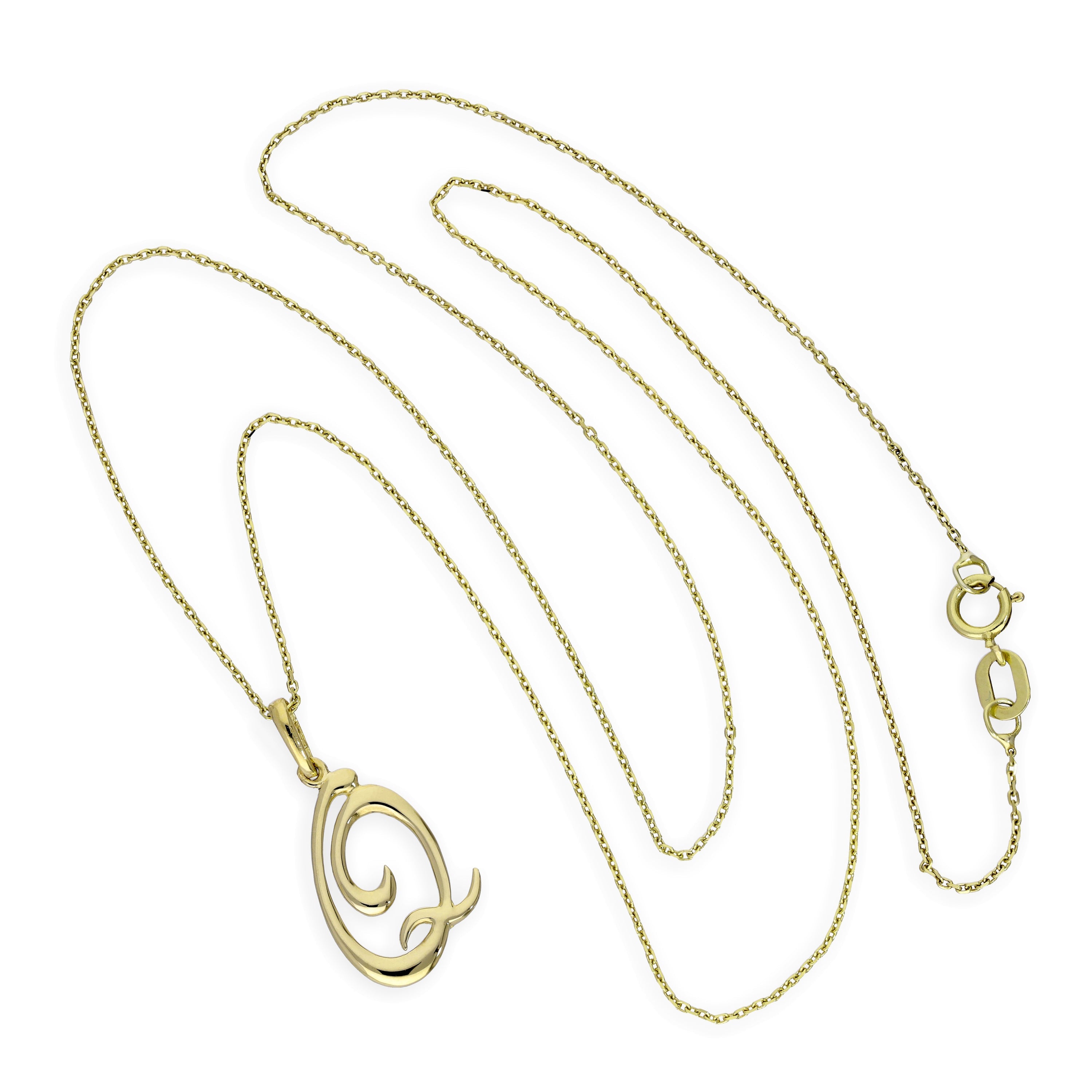 Halskette mit Anhänger aus 9 Karat Gold mit verschnörkelter Kalligraphie-Schrift und Buchstabe Q, 40–50 cm