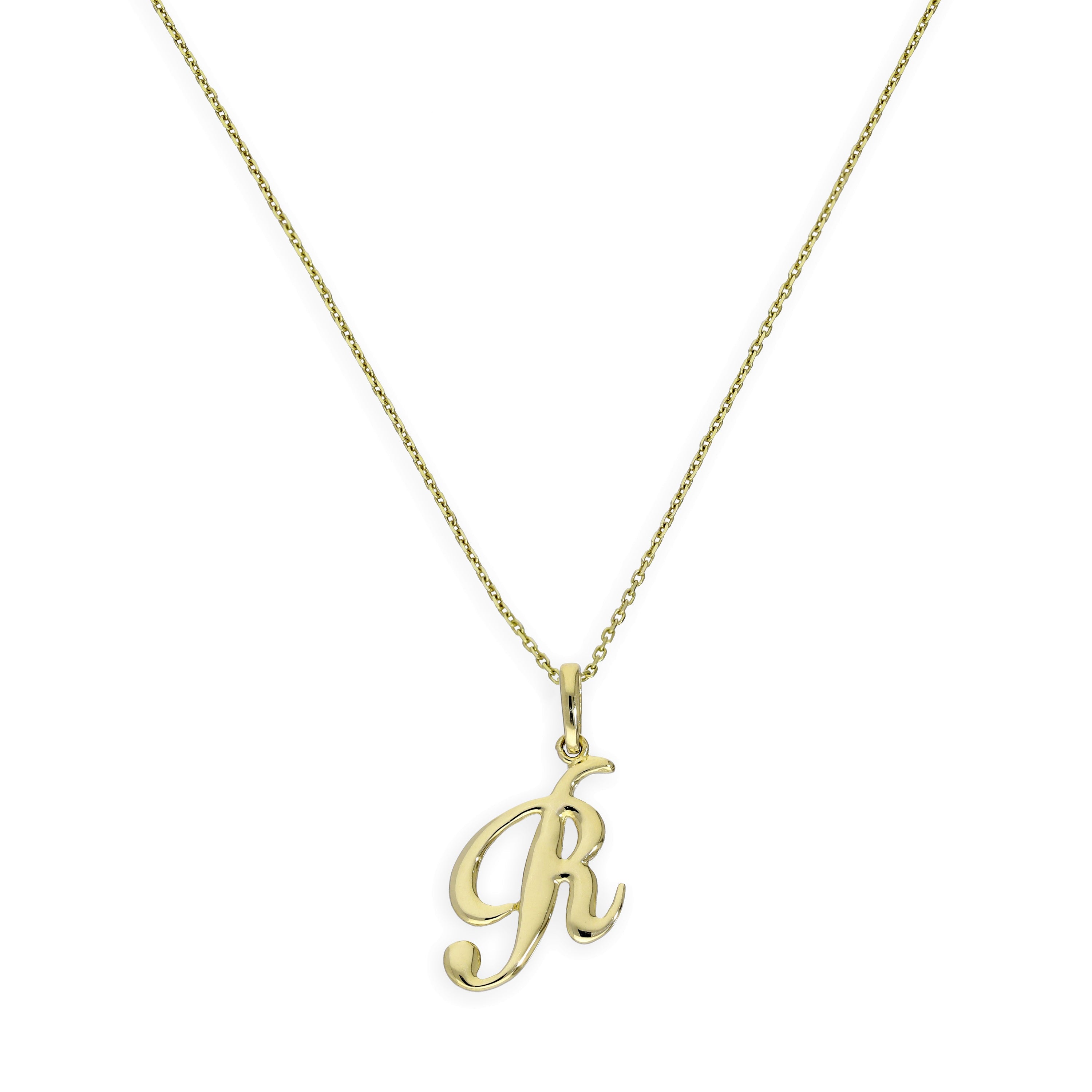Halskette mit Anhänger aus 9 Karat Gold mit verschnörkelter Kalligraphie-Schrift und Buchstabe R, 40–50 cm