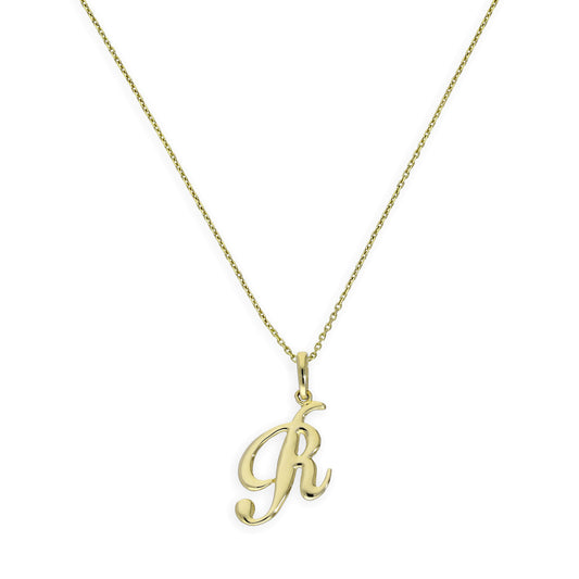 Halskette mit Anhänger aus 9 Karat Gold mit verschnörkelter Kalligraphie-Schrift und Buchstabe R, 40–50 cm