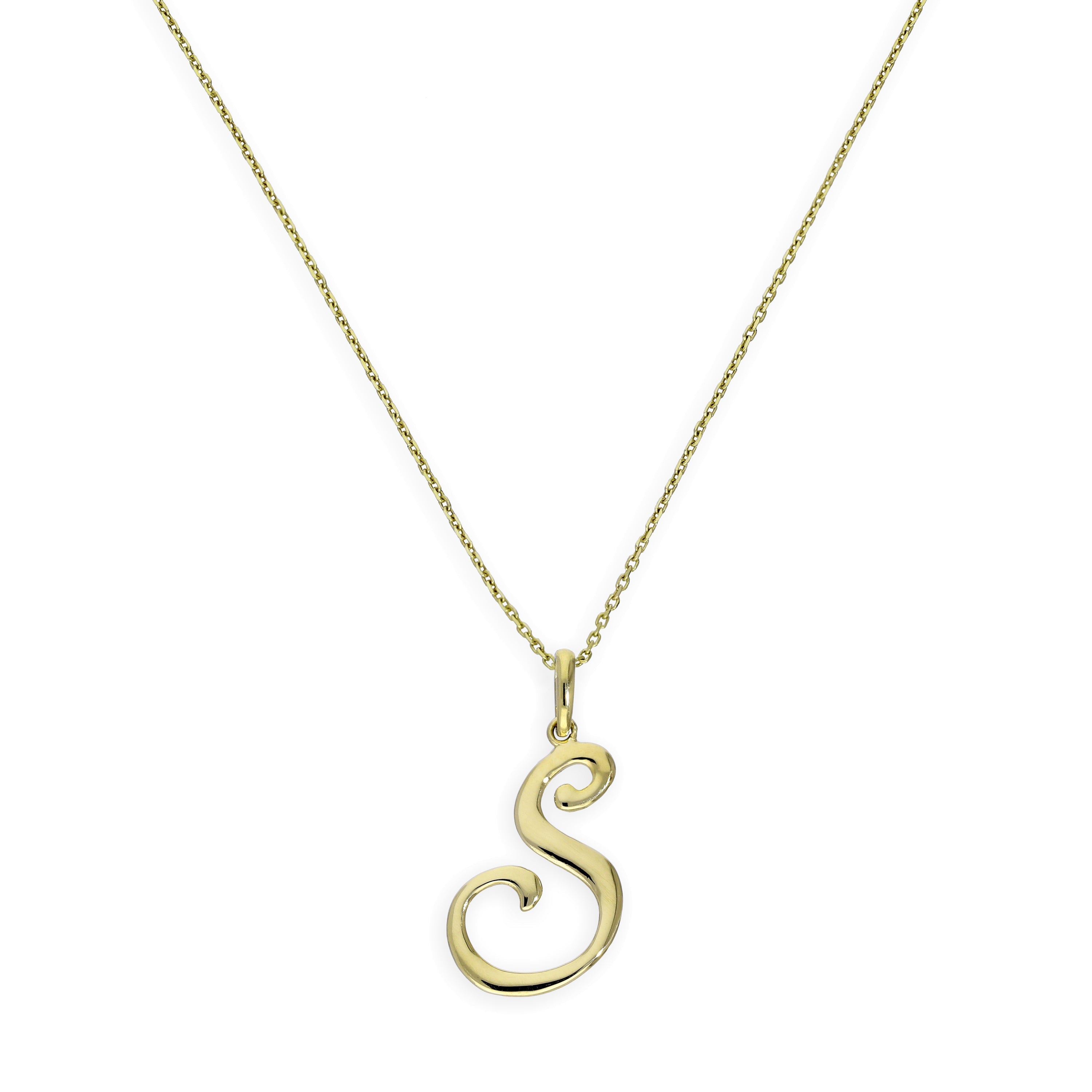 Halskette mit Anhänger aus 9 Karat Gold mit verschnörkelter Kalligraphie-Schrift und Buchstabe S, 16–20 Zoll