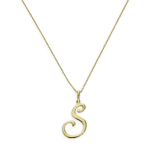 Halskette mit Anhänger aus 9 Karat Gold mit verschnörkelter Kalligraphie-Schrift und Buchstabe S, 16–20 Zoll