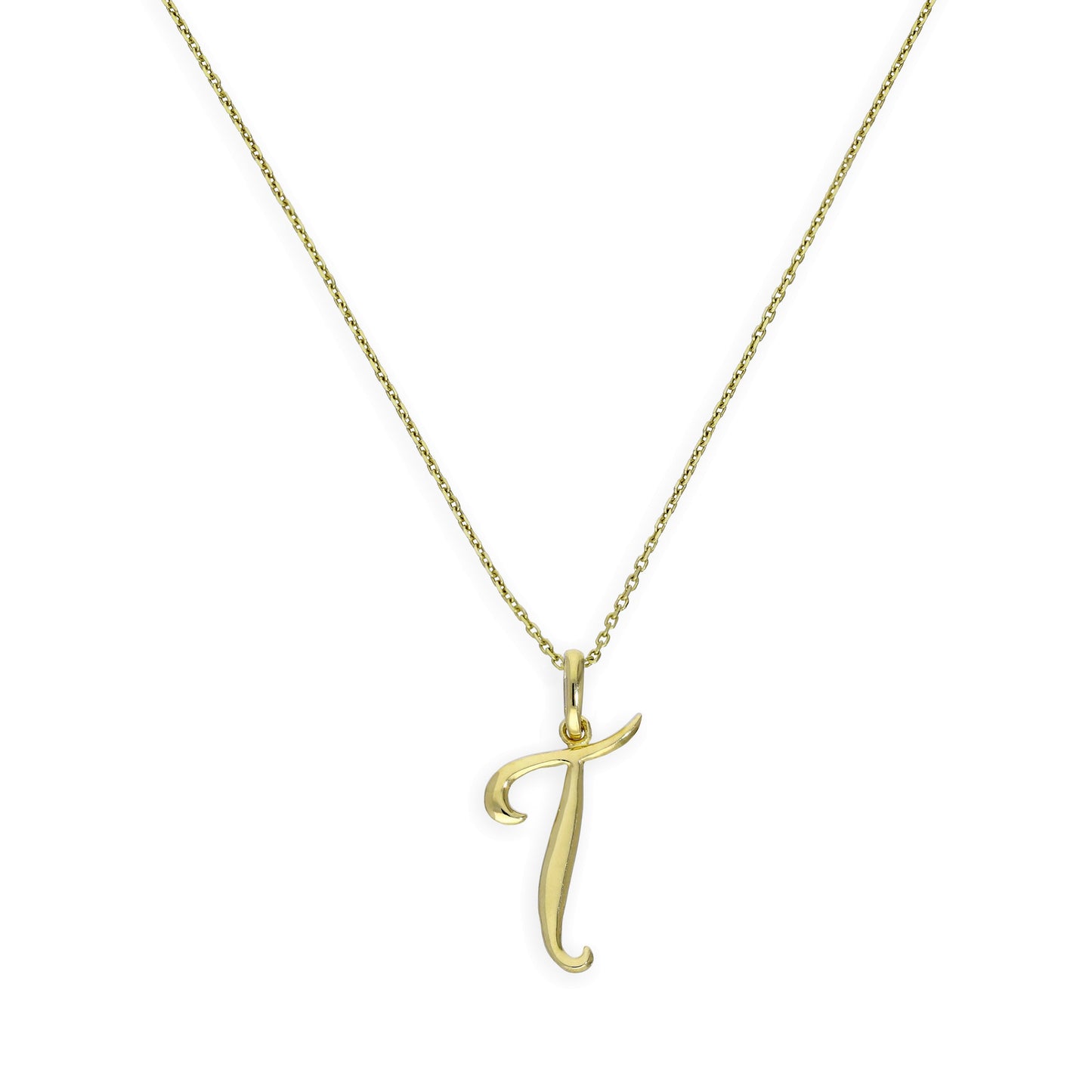 Halskette mit Anhänger aus 9 Karat Gold mit verschnörkelter Kalligraphie-Schrift und Buchstabe T, 16–20 Zoll