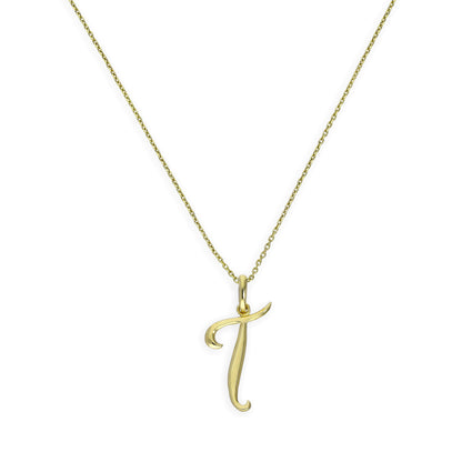 Halskette mit Anhänger aus 9 Karat Gold mit verschnörkelter Kalligraphie-Schrift und Buchstabe T, 16–20 Zoll