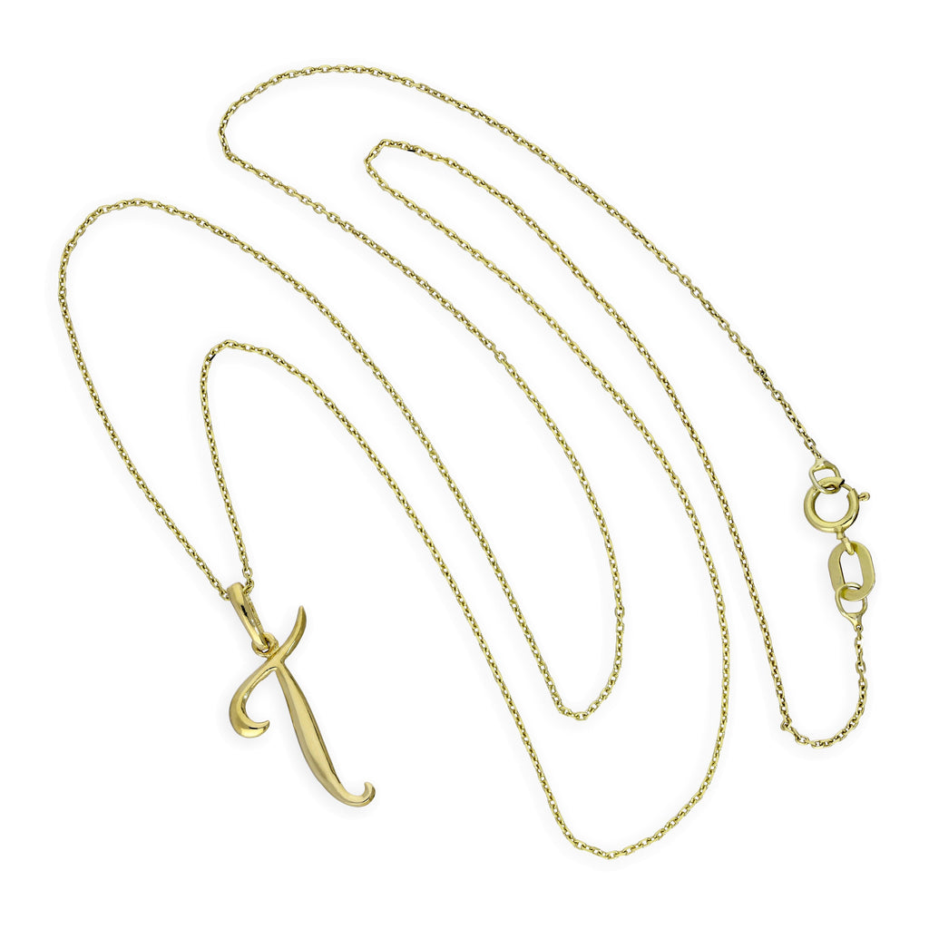 Halskette mit Anhänger aus 9 Karat Gold mit verschnörkelter Kalligraphie-Schrift und Buchstabe T, 16–20 Zoll