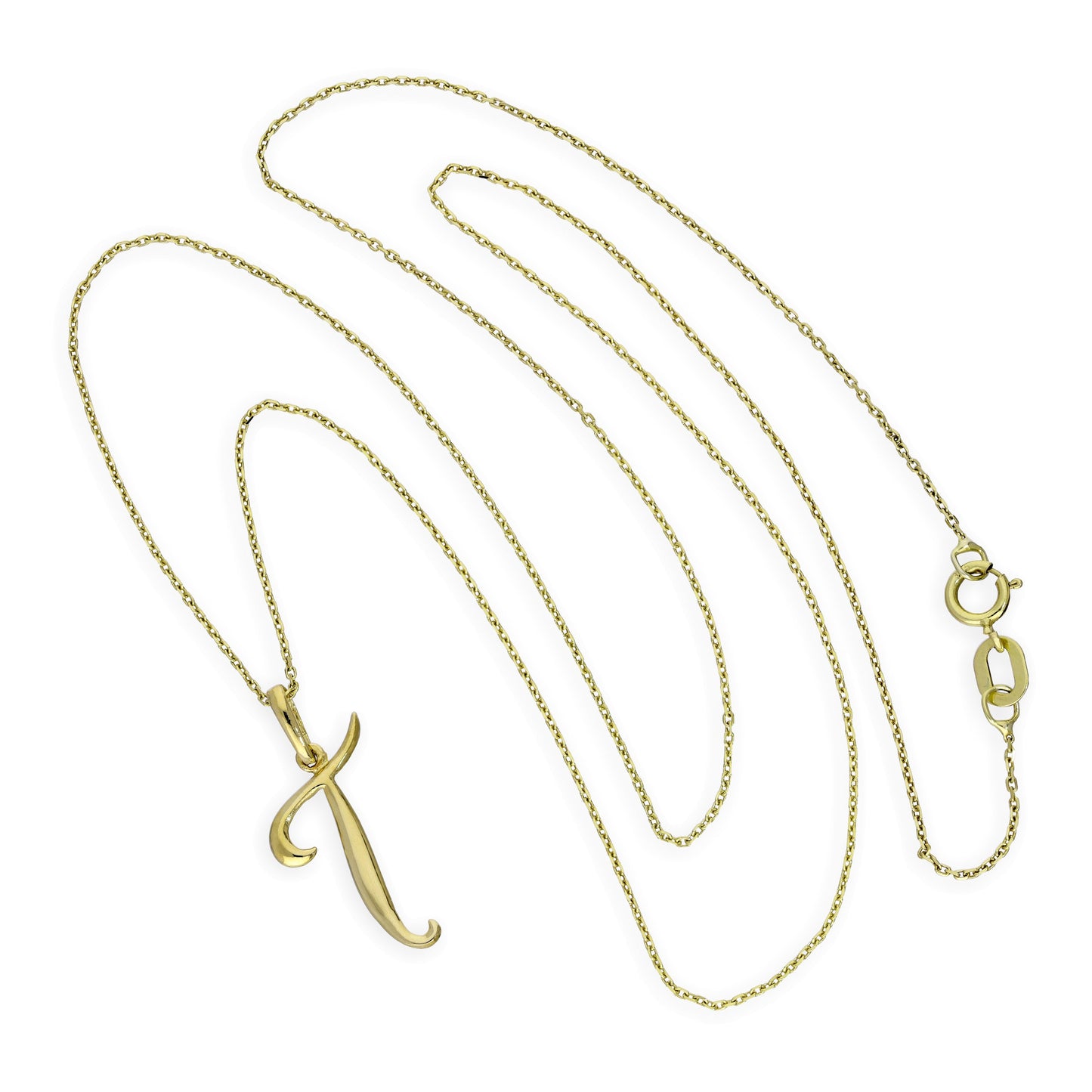 Halskette mit Anhänger aus 9 Karat Gold mit verschnörkelter Kalligraphie-Schrift und Buchstabe T, 16–20 Zoll