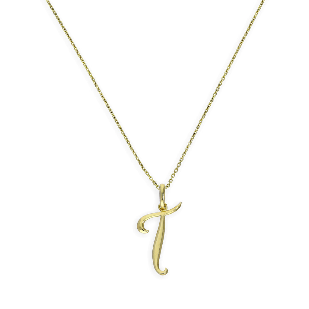 Halskette mit Anhänger aus 9 Karat Gold mit verschnörkelter Kalligraphie-Schrift und Buchstabe T, 16–20 Zoll
