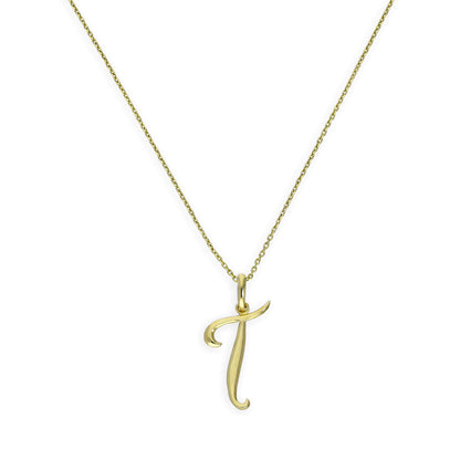 Halskette mit Anhänger aus 9 Karat Gold mit verschnörkelter Kalligraphie-Schrift und Buchstabe T, 16–20 Zoll