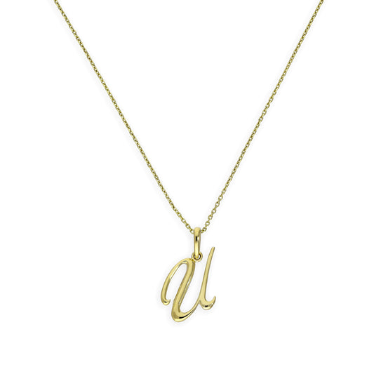 Halskette mit Anhänger aus 9 Karat Gold mit verschnörkelter Kalligraphie-Schrift in Form des Buchstabens U, 16–20 Zoll