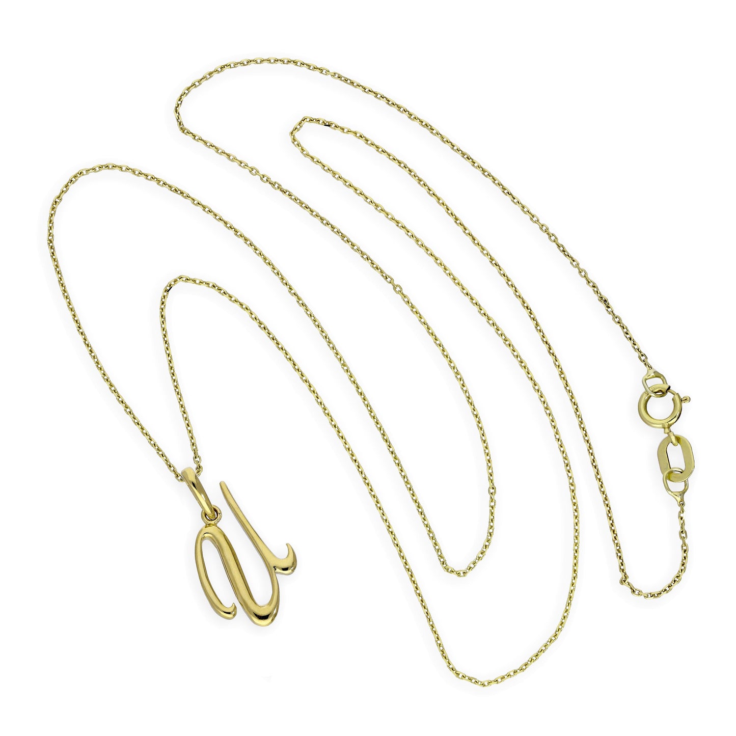 Halskette mit Anhänger aus 9 Karat Gold mit verschnörkelter Kalligraphie-Schrift in Form des Buchstabens U, 16–20 Zoll