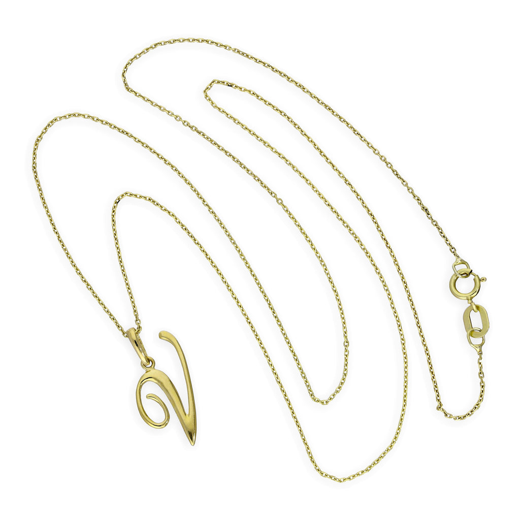 Halskette mit Anhänger aus 9 Karat Gold mit verschnörkelter Kalligraphie-Schrift in Form des Buchstabens V, 16–20 Zoll