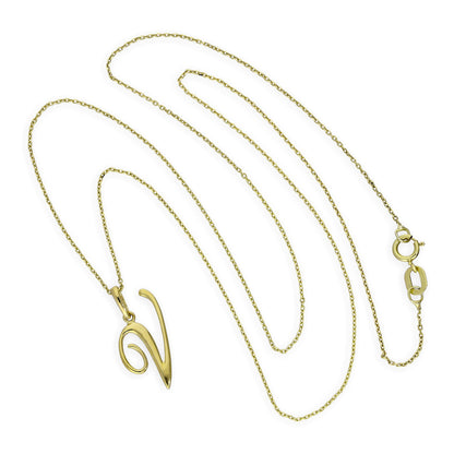 Halskette mit Anhänger aus 9 Karat Gold mit verschnörkelter Kalligraphie-Schrift in Form des Buchstabens V, 16–20 Zoll