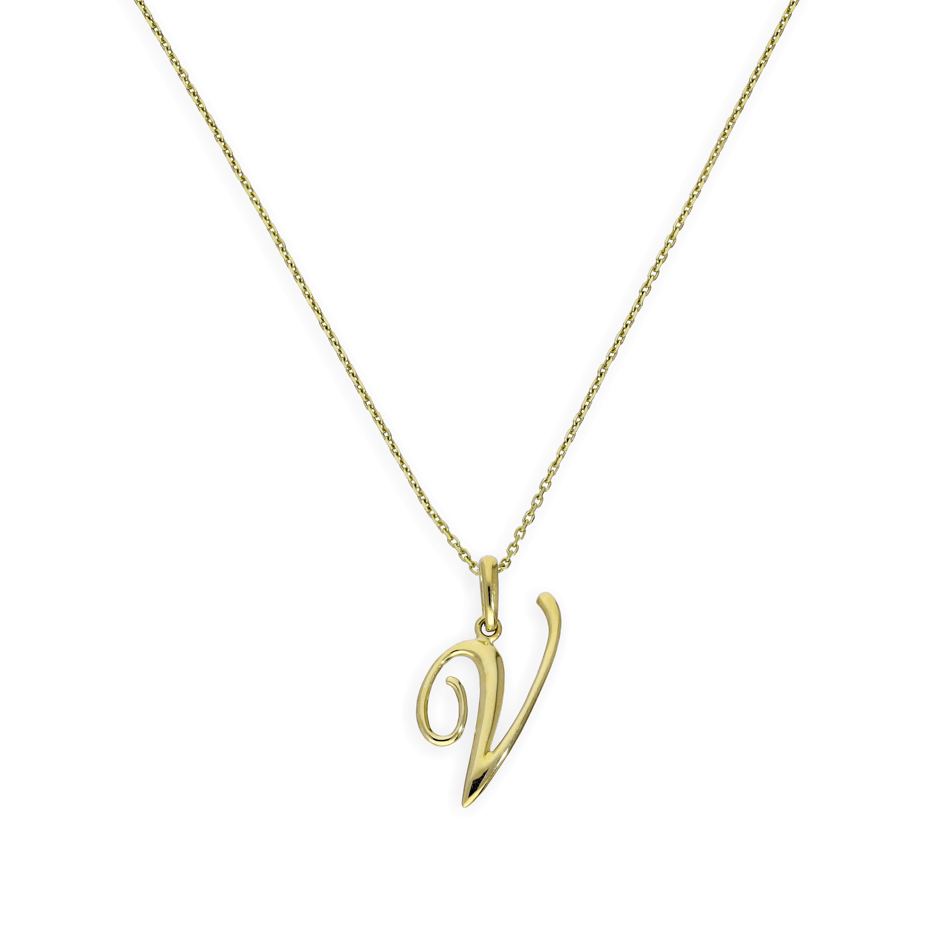 Halskette mit Anhänger aus 9 Karat Gold mit verschnörkelter Kalligraphie-Schrift in Form des Buchstabens V, 16–20 Zoll