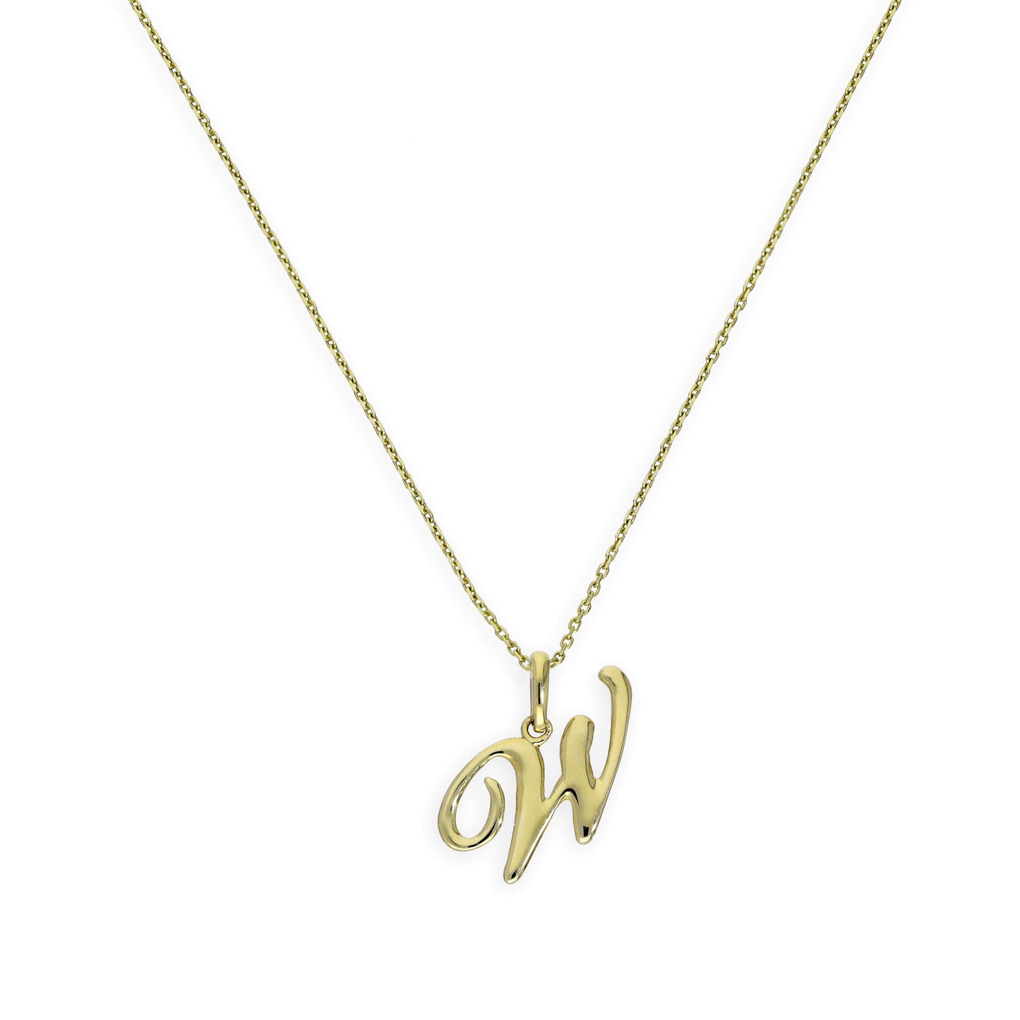 Halskette mit Anhänger aus 9 Karat Gold mit verschnörkelter Kalligraphie-Schrift und Buchstabe W, 16–20 Zoll