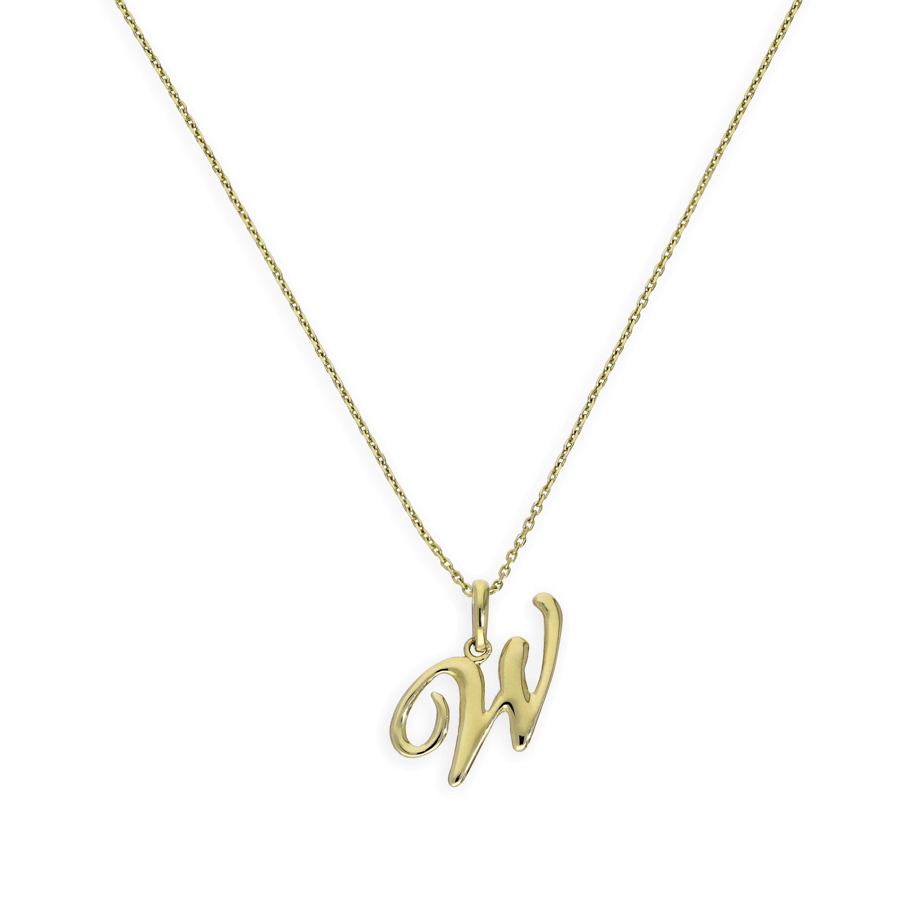 Halskette mit Anhänger aus 9 Karat Gold mit verschnörkelter Kalligraphie-Schrift und Buchstabe W, 16–20 Zoll