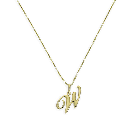 Halskette mit Anhänger aus 9 Karat Gold mit verschnörkelter Kalligraphie-Schrift und Buchstabe W, 16–20 Zoll