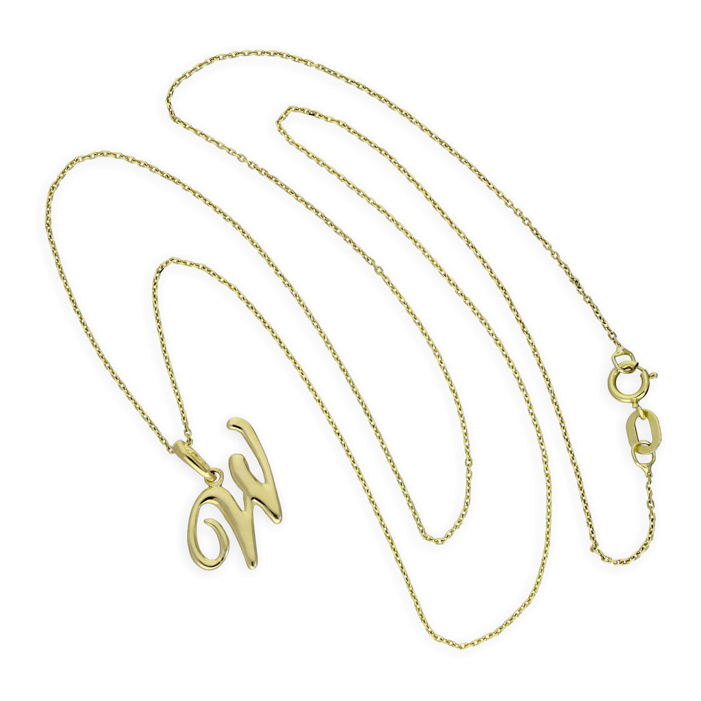 Halskette mit Anhänger aus 9 Karat Gold mit verschnörkelter Kalligraphie-Schrift und Buchstabe W, 16–20 Zoll
