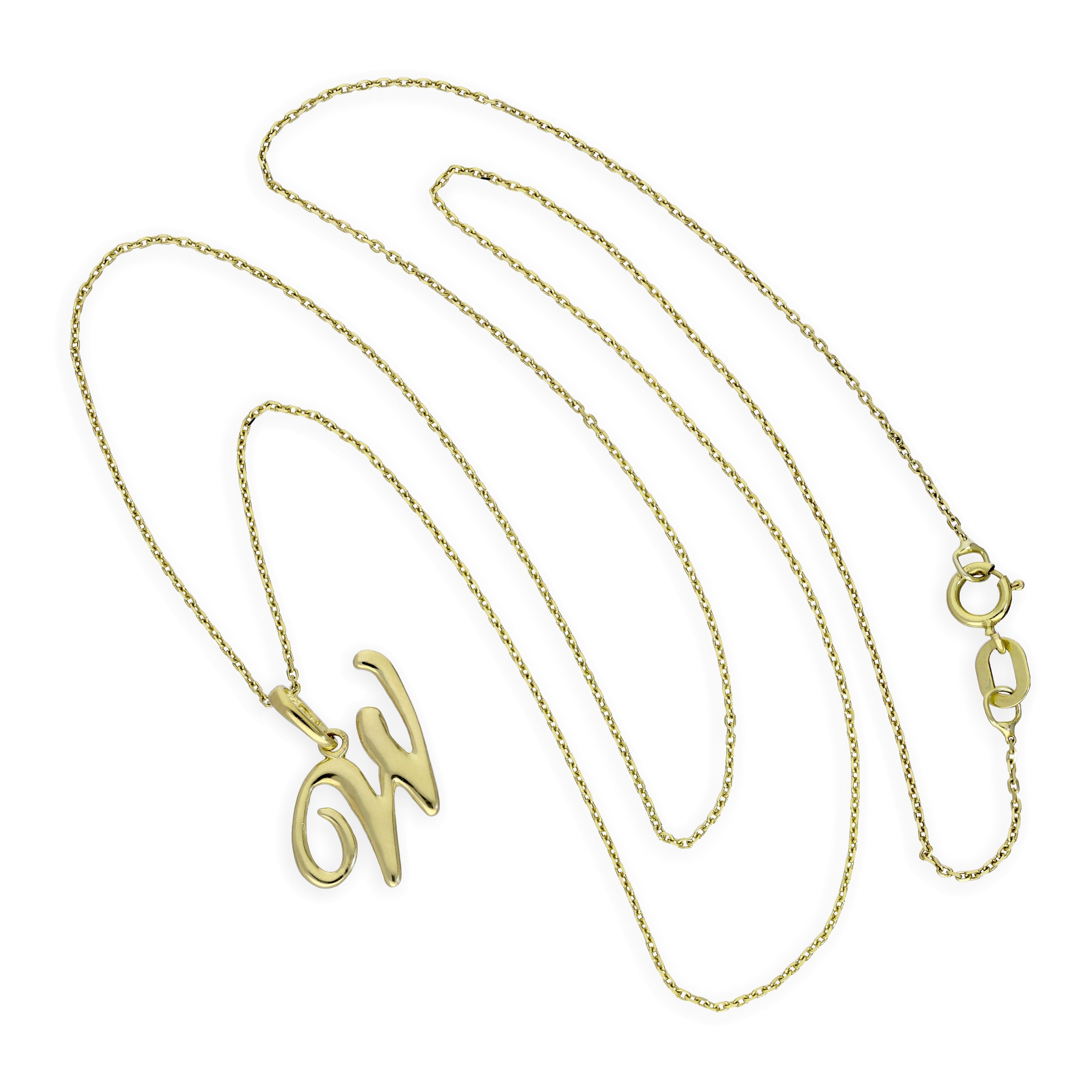 Halskette mit Anhänger aus 9 Karat Gold mit verschnörkelter Kalligraphie-Schrift und Buchstabe W, 16–20 Zoll
