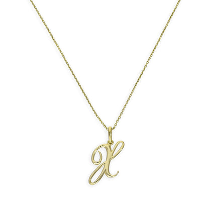 Halskette mit Anhänger aus 9 Karat Gold mit verschnörkelter Kalligraphie-Schrift und Buchstabe X, 16–20 Zoll