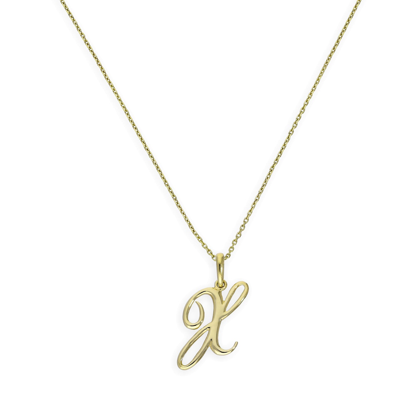 Halskette mit Anhänger aus 9 Karat Gold mit verschnörkelter Kalligraphie-Schrift und Buchstabe X, 16–20 Zoll