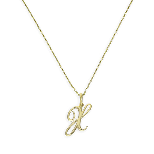 Halskette mit Anhänger aus 9 Karat Gold mit verschnörkelter Kalligraphie-Schrift und Buchstabe X, 16–20 Zoll