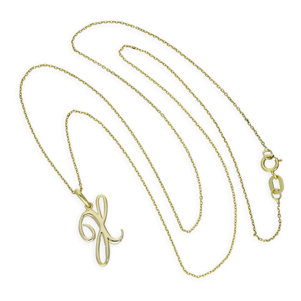 Halskette mit Anhänger aus 9 Karat Gold mit verschnörkelter Kalligraphie-Schrift und Buchstabe X, 16–20 Zoll