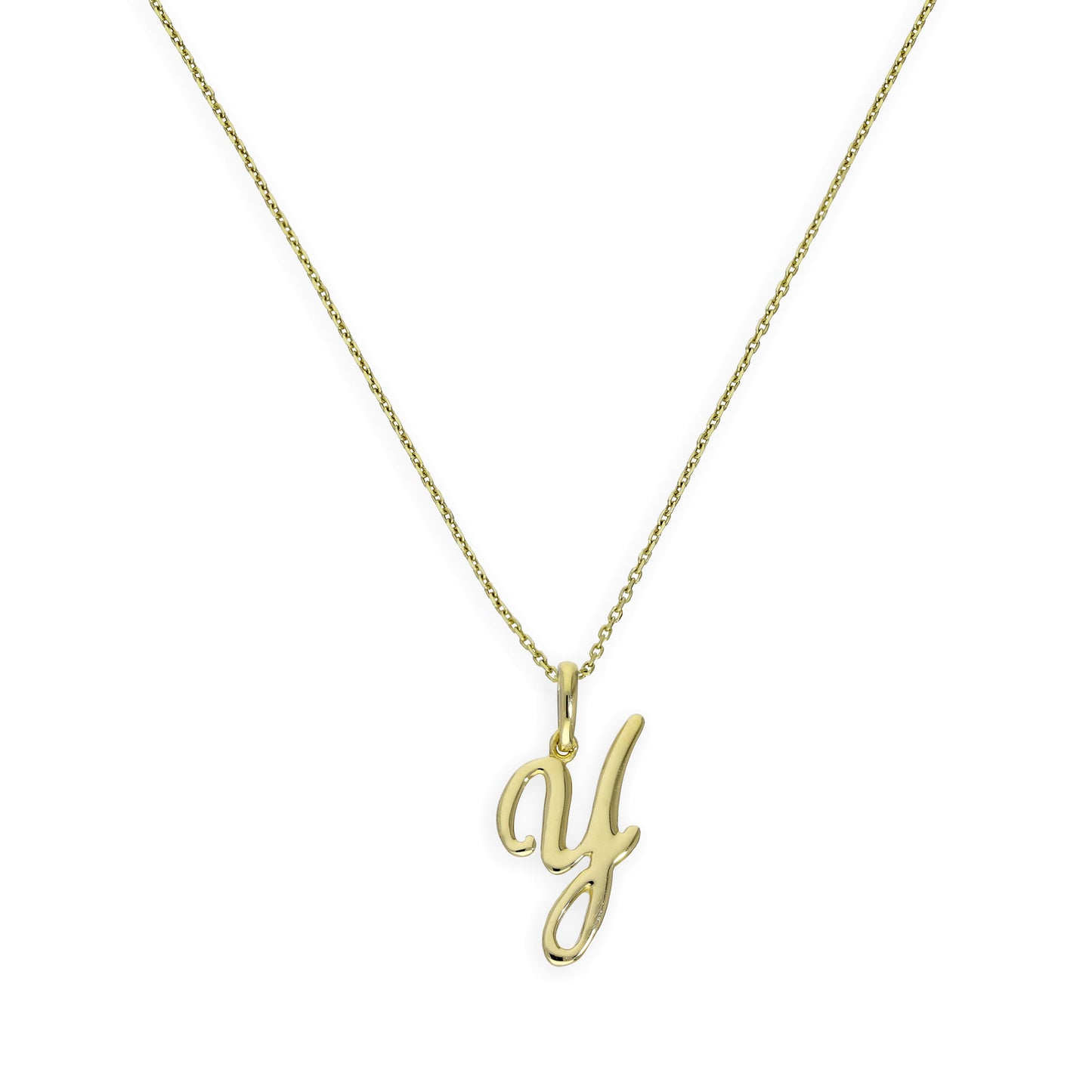 Halskette mit Anhänger aus 9 Karat Gold mit verschnörkelter Kalligraphie-Schrift und Buchstabe Y, 16–20 Zoll