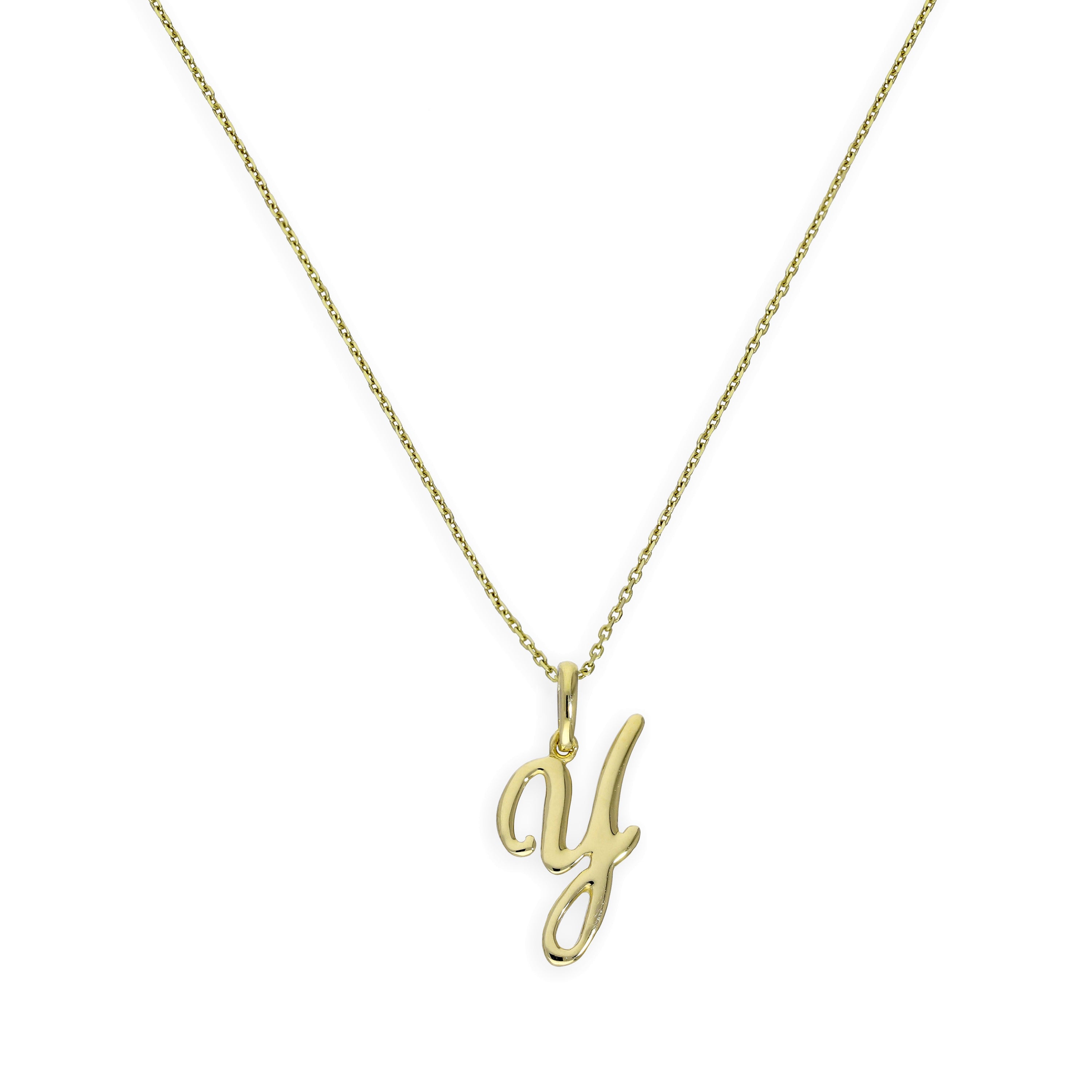 Halskette mit Anhänger aus 9 Karat Gold mit verschnörkelter Kalligraphie-Schrift und Buchstabe Y, 16–20 Zoll
