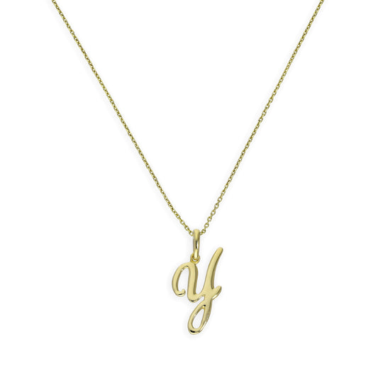 Halskette mit Anhänger aus 9 Karat Gold mit verschnörkelter Kalligraphie-Schrift und Buchstabe Y, 16–20 Zoll