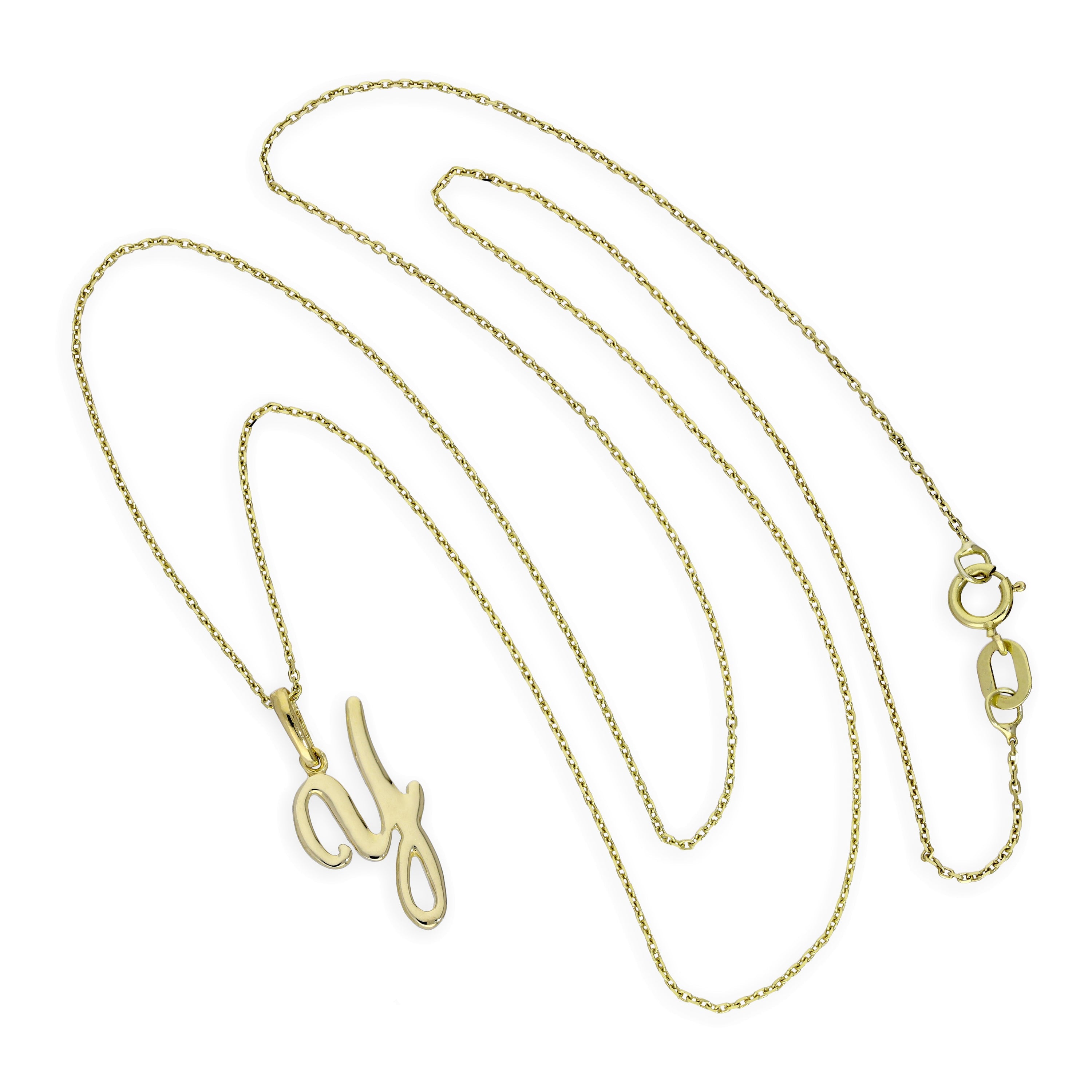 Halskette mit Anhänger aus 9 Karat Gold mit verschnörkelter Kalligraphie-Schrift und Buchstabe Y, 16–20 Zoll
