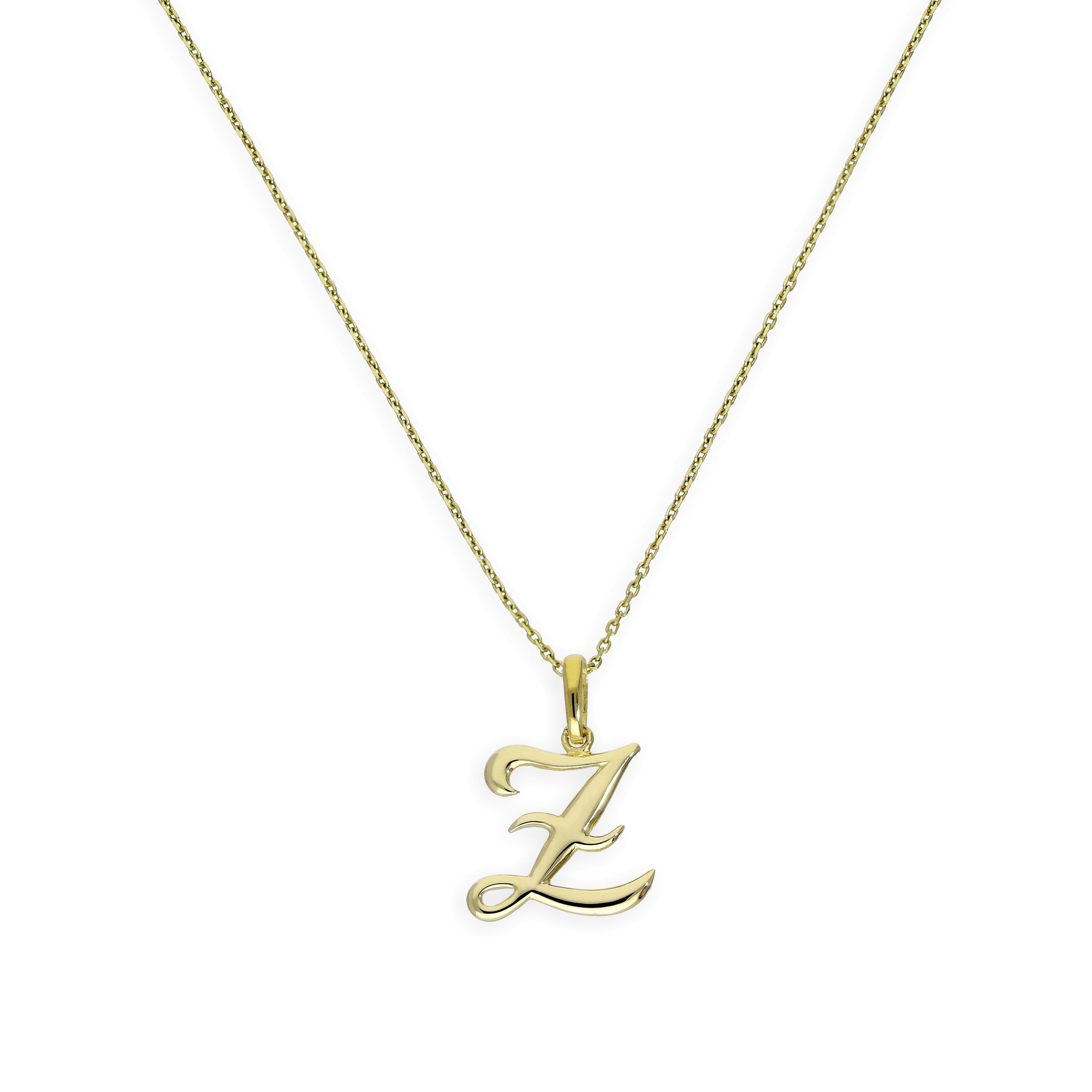 Halskette mit Anhänger aus 9 Karat Gold mit verschnörkelter Kalligraphie-Schrift und Buchstabe Z, 16–20 Zoll