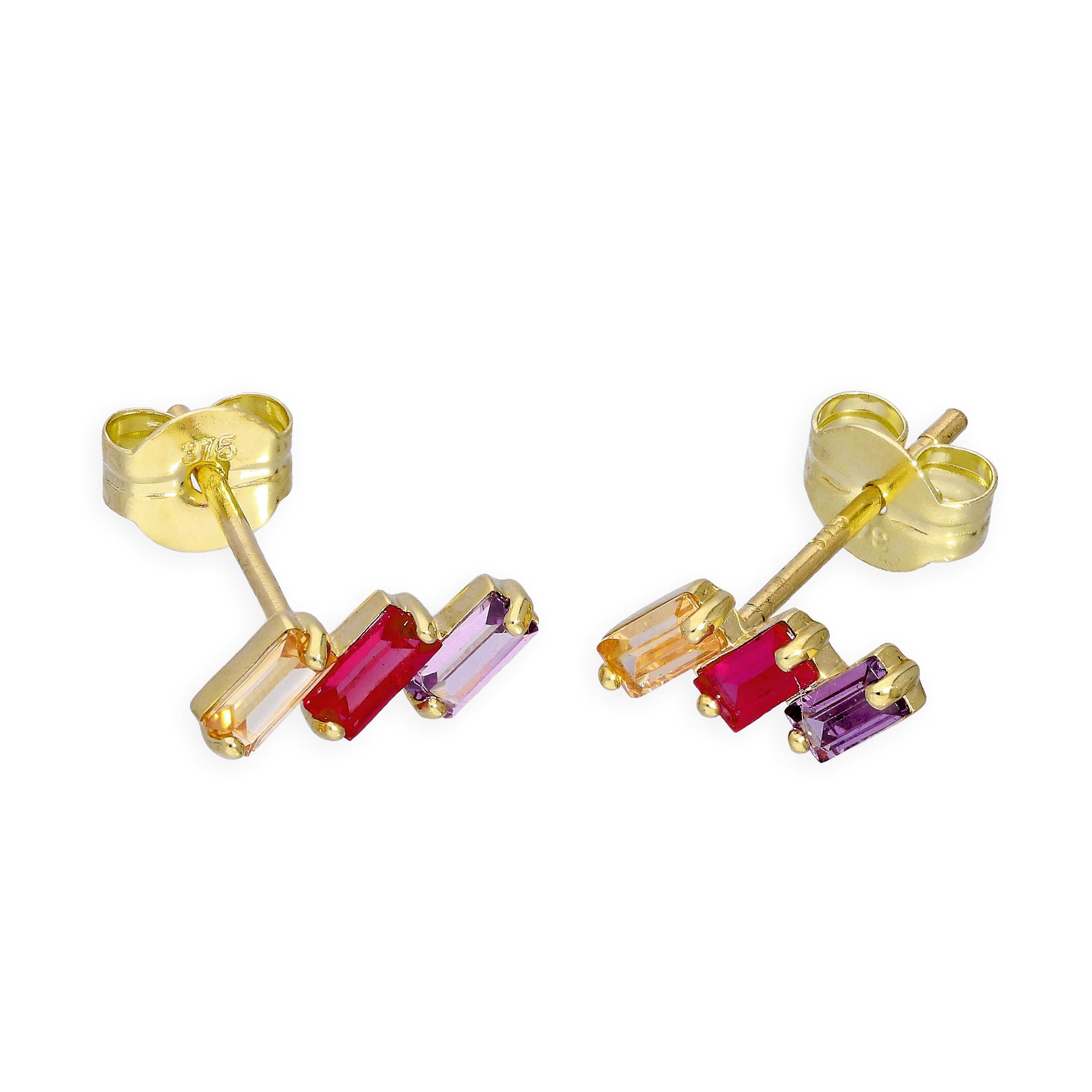 9 Karat Gold & Drei Farbig CZ Kristalle Ohrstecker