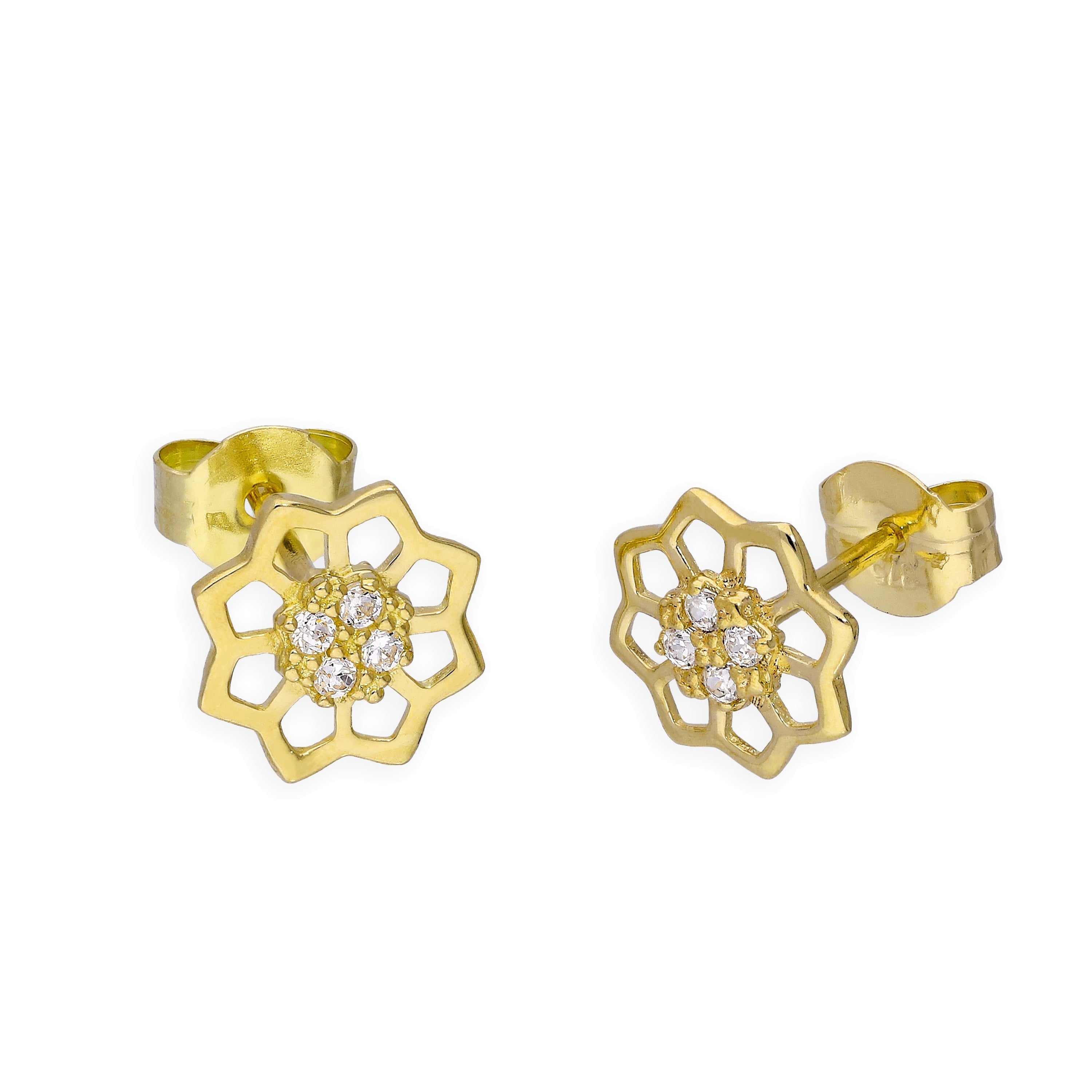 9 Karat Gold & Klar CZ Kristalle Offen Blume Ohrstecker