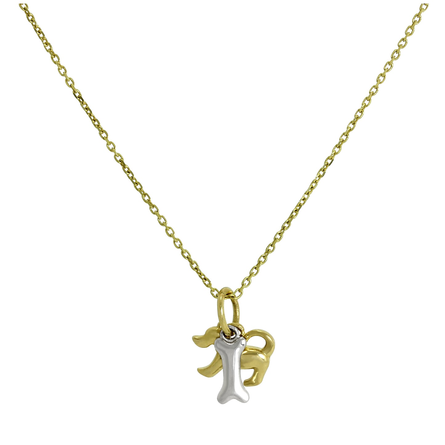 Hundeanhänger aus 9 Karat Gelbgold mit Knochen aus 9 Karat Weißgold an Kette, 16–20 Zoll