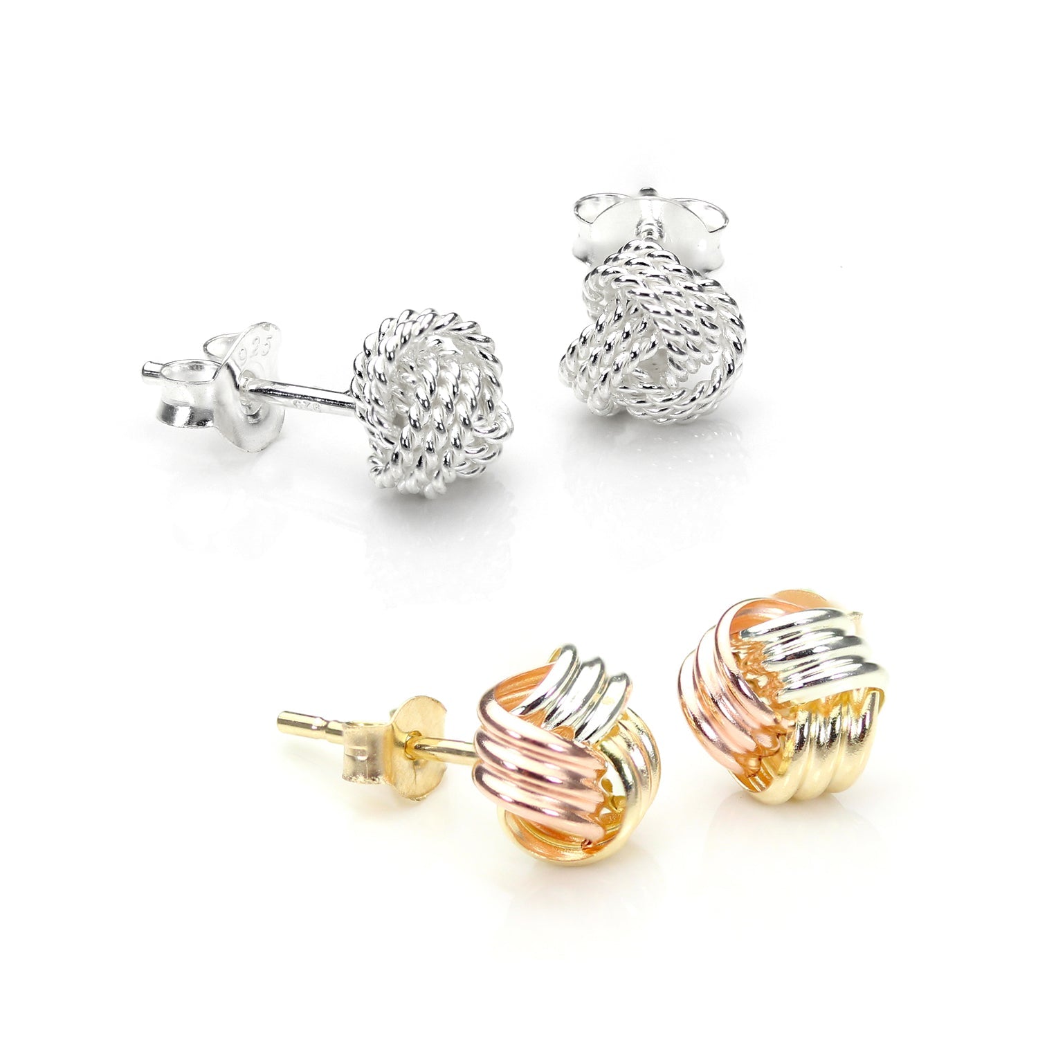 Sterlingsilber & 9 Karat Gold Dreifarbig 6 mm Knoten Ohrstecker Satz