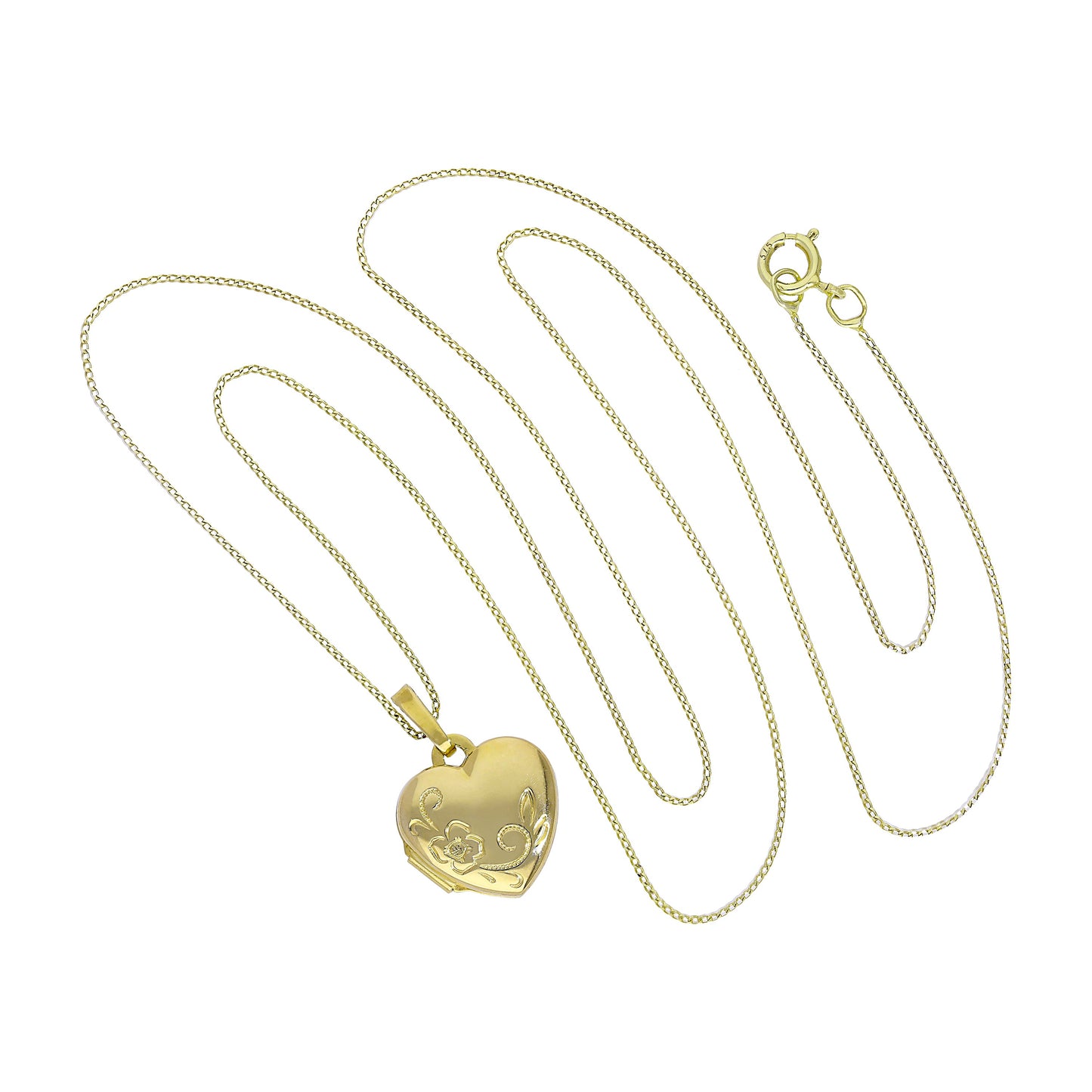 Kleines gravierbares Herzmedaillon aus 9 Karat Gold mit Blumenmuster an einer Kette, 16–20 Zoll