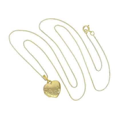 Kleines gravierbares Herzmedaillon aus 9 Karat Gold mit Blumenmuster an einer Kette, 16–20 Zoll