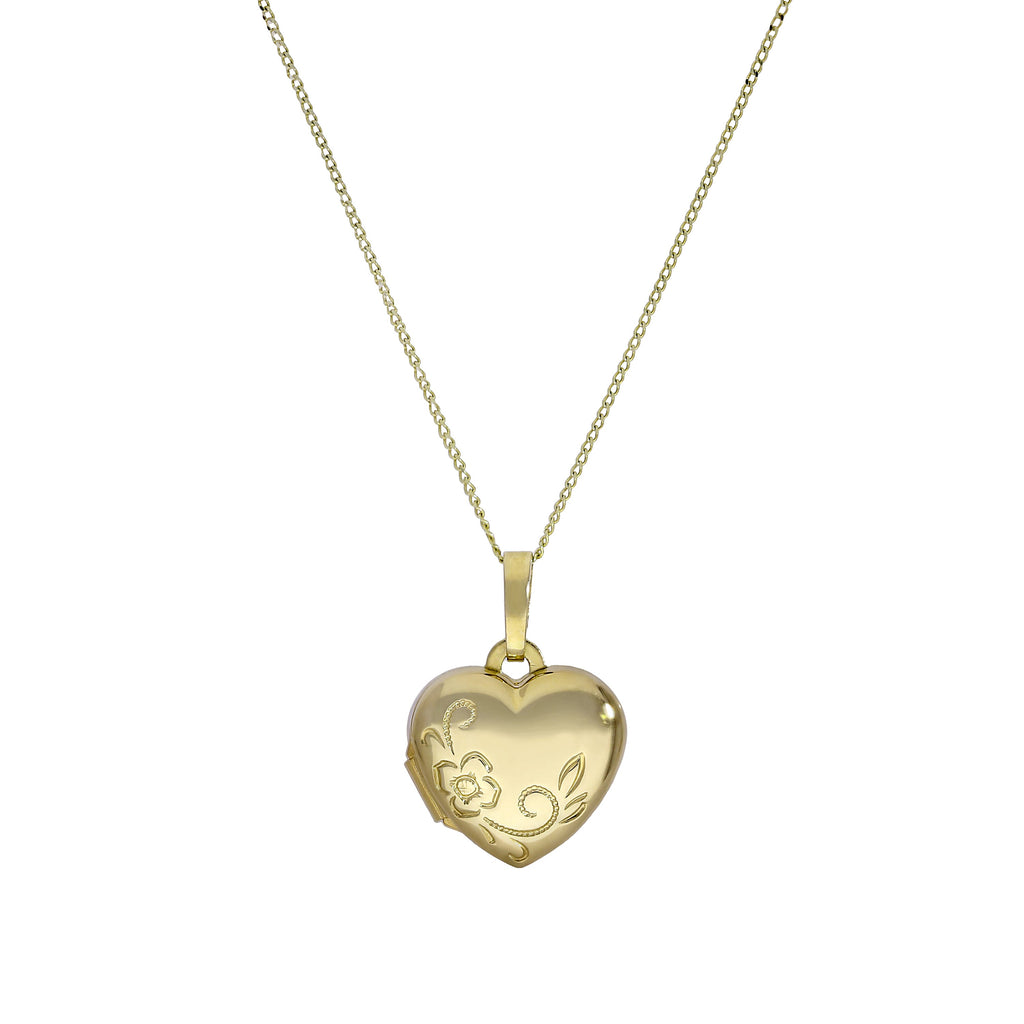 Kleines gravierbares Herzmedaillon aus 9 Karat Gold mit Blumenmuster an einer Kette, 16–20 Zoll