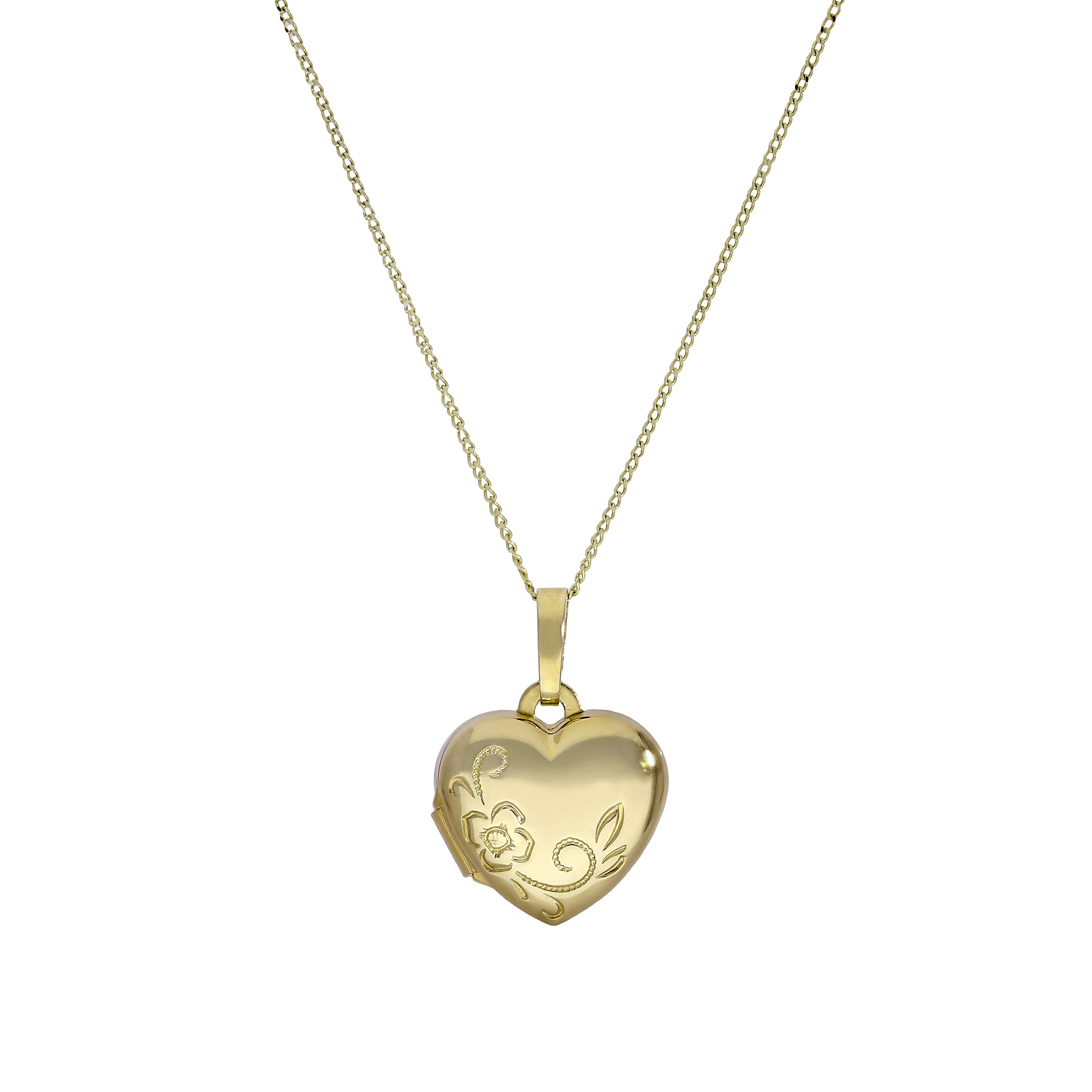 Kleines gravierbares Herzmedaillon aus 9 Karat Gold mit Blumenmuster an einer Kette, 16–20 Zoll